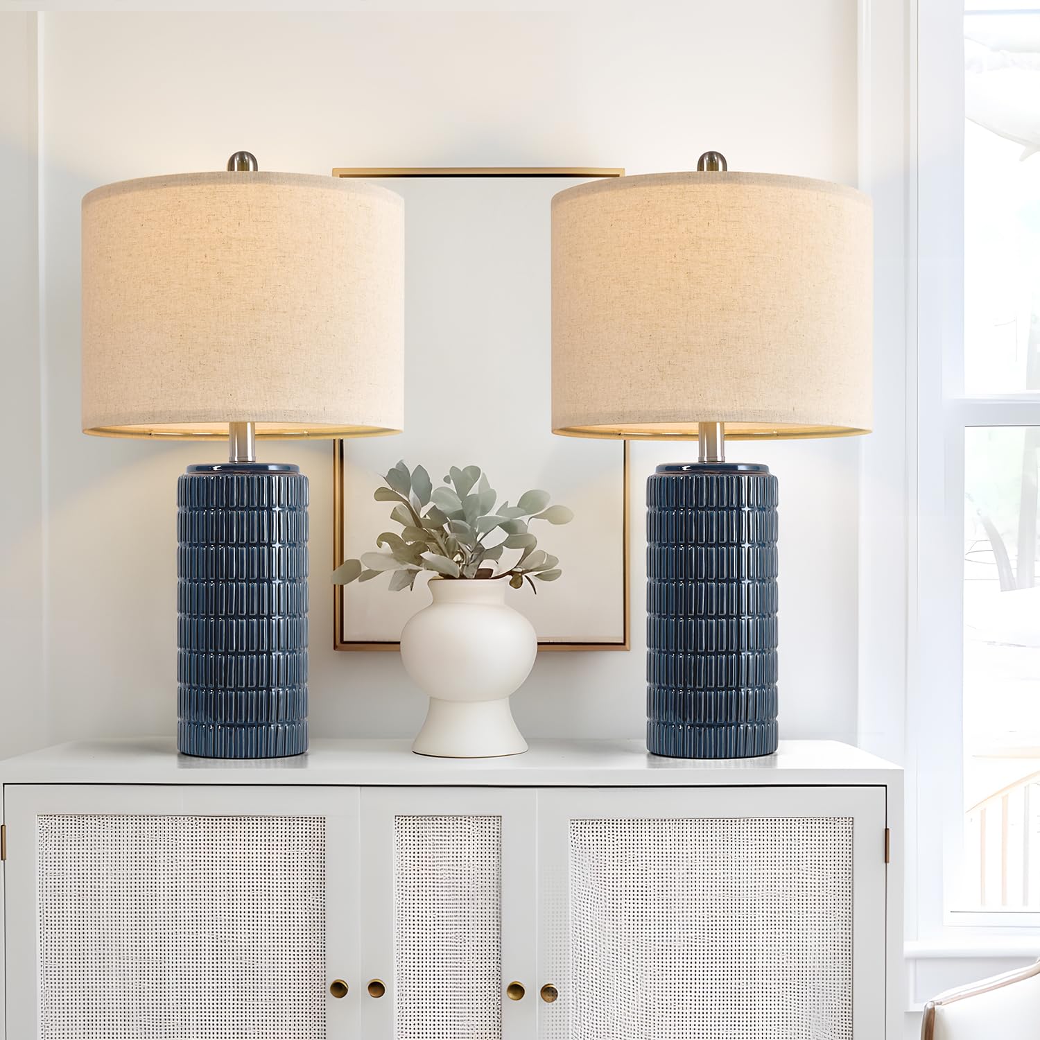 PoKat 23" Blue Ceramic Table Lamps - Farmhouse Style Bedside Lamps, Set of 2, Medium Size for Bedroom & Living Room, Model AMZ-T1102BL