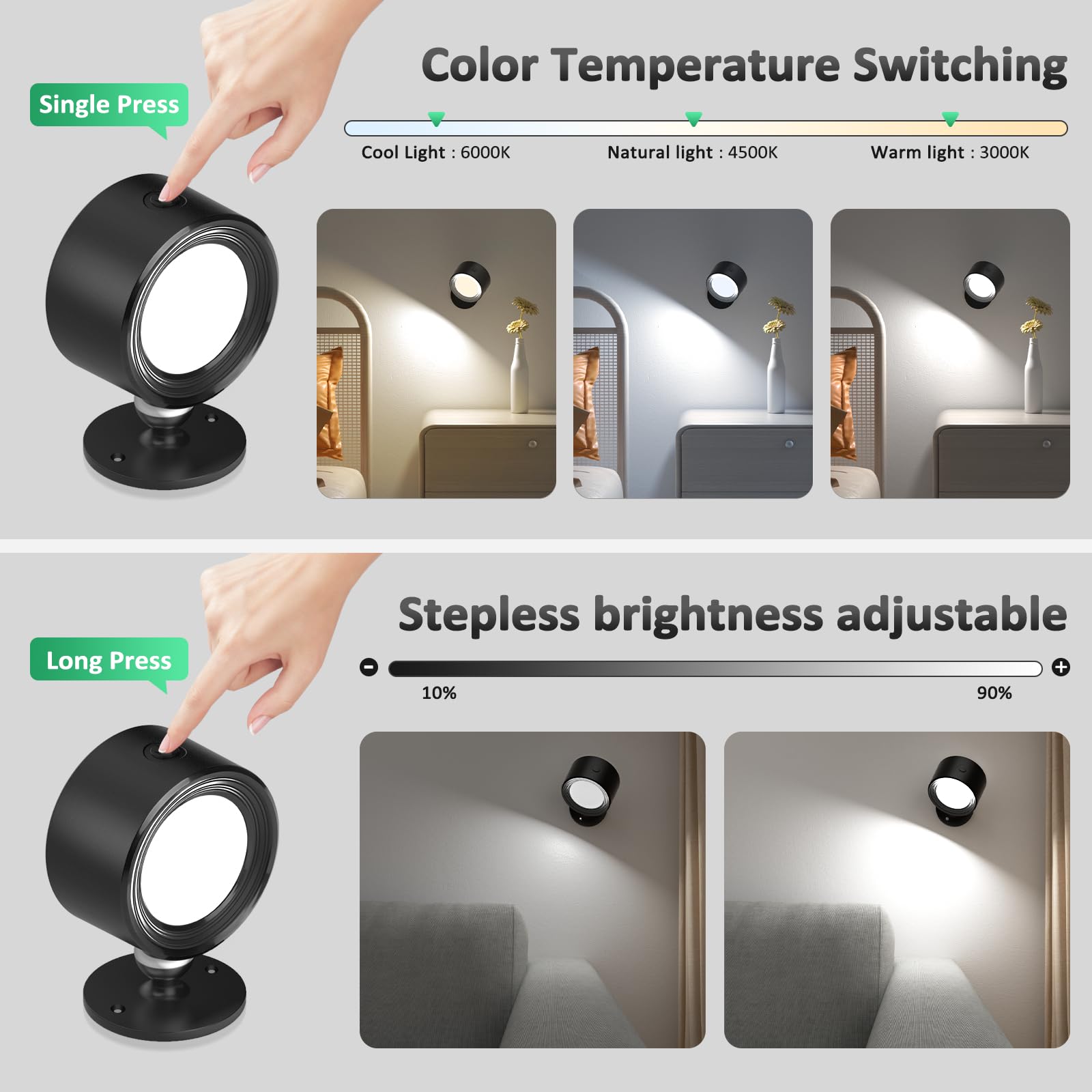 Lightbiz LED Wall Mounted Lights, 2 Pcs, Rechargeable 3000mAh, Dimmable, 3 Color Temperatures, Black, Model X120
