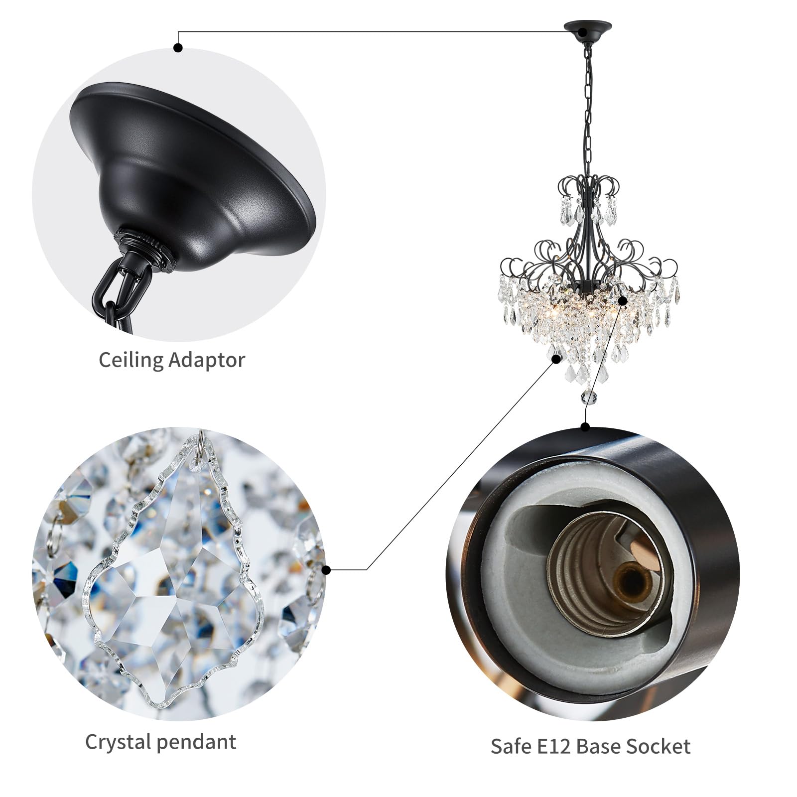 WUZUPS 5-Light Crystal Chandelier Pendant Light, Black Metal, 22.4" H x 18.3" W, Modern Fixture for Dining Room, Hallway, Kitchen, Bathroom