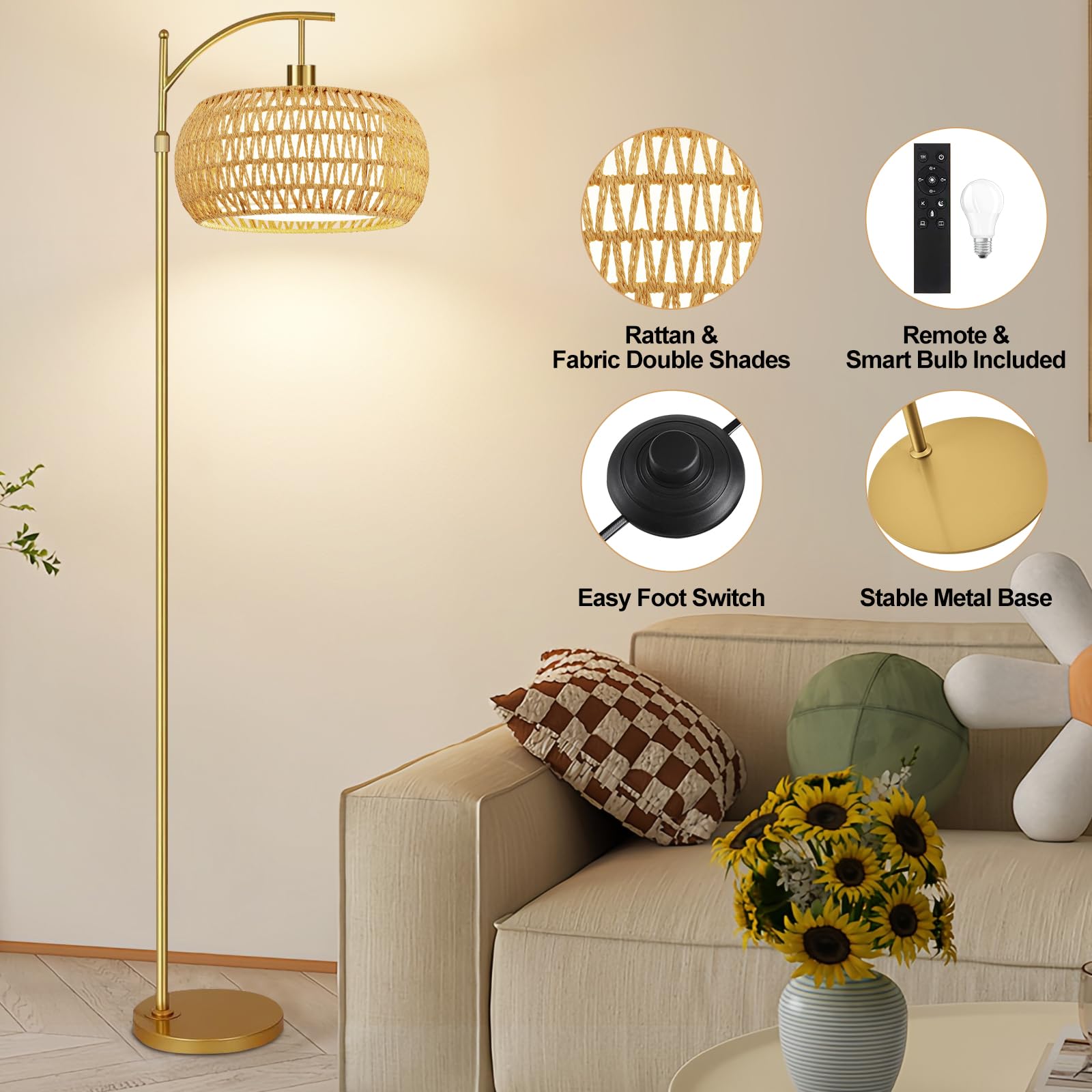 ZECOXOL Gold Rattan Floor Lamp with Remote Control, Dimmable, 12.28" Tall, Wicker Shade, Arc Design for Living Room & Bedroom