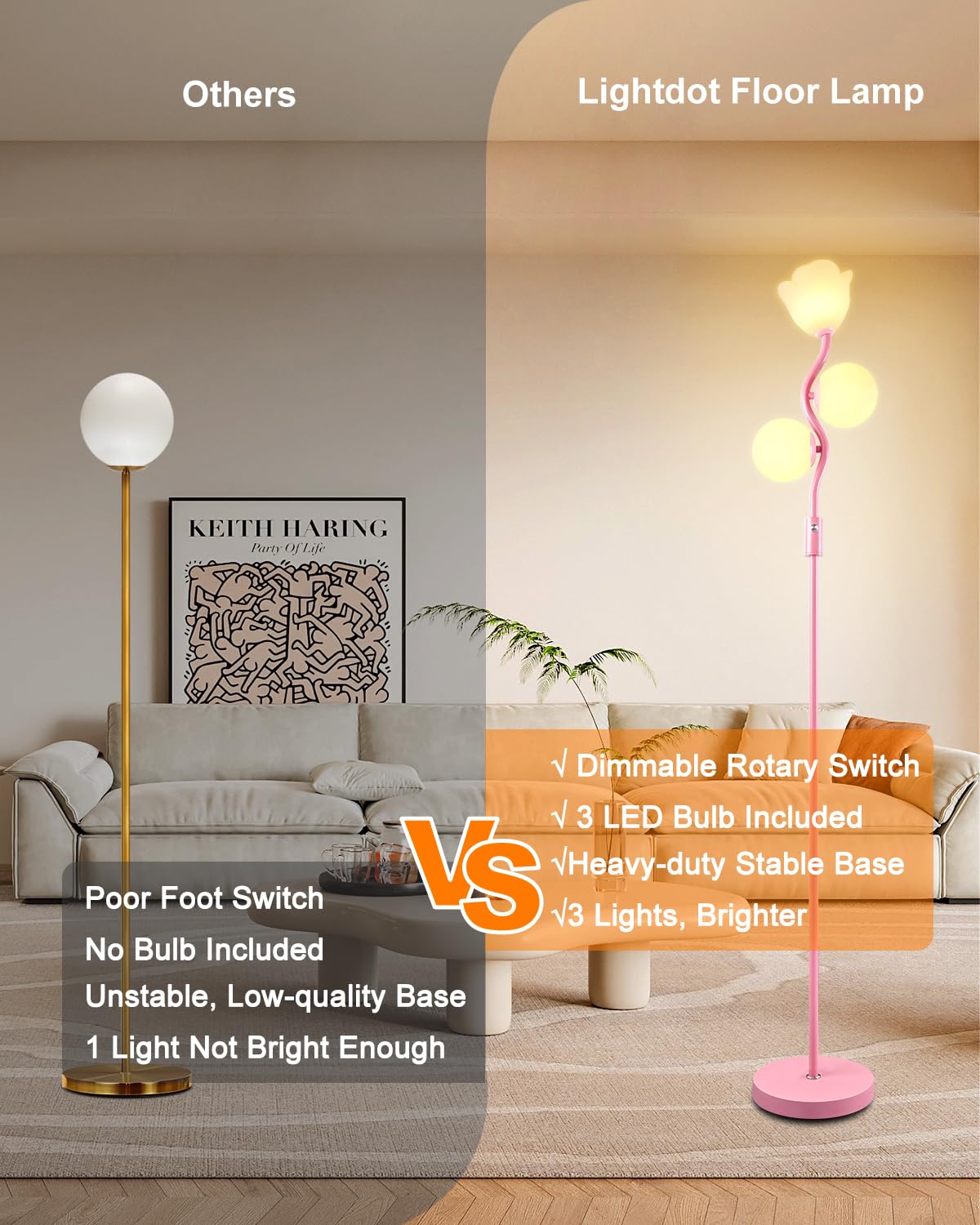 Lightdot 65In Dimmable Pink Floor Lamp For Living Room, Mid Century Modern Tall Standing Lamps With 1 Flower & 2Globe Lampshades