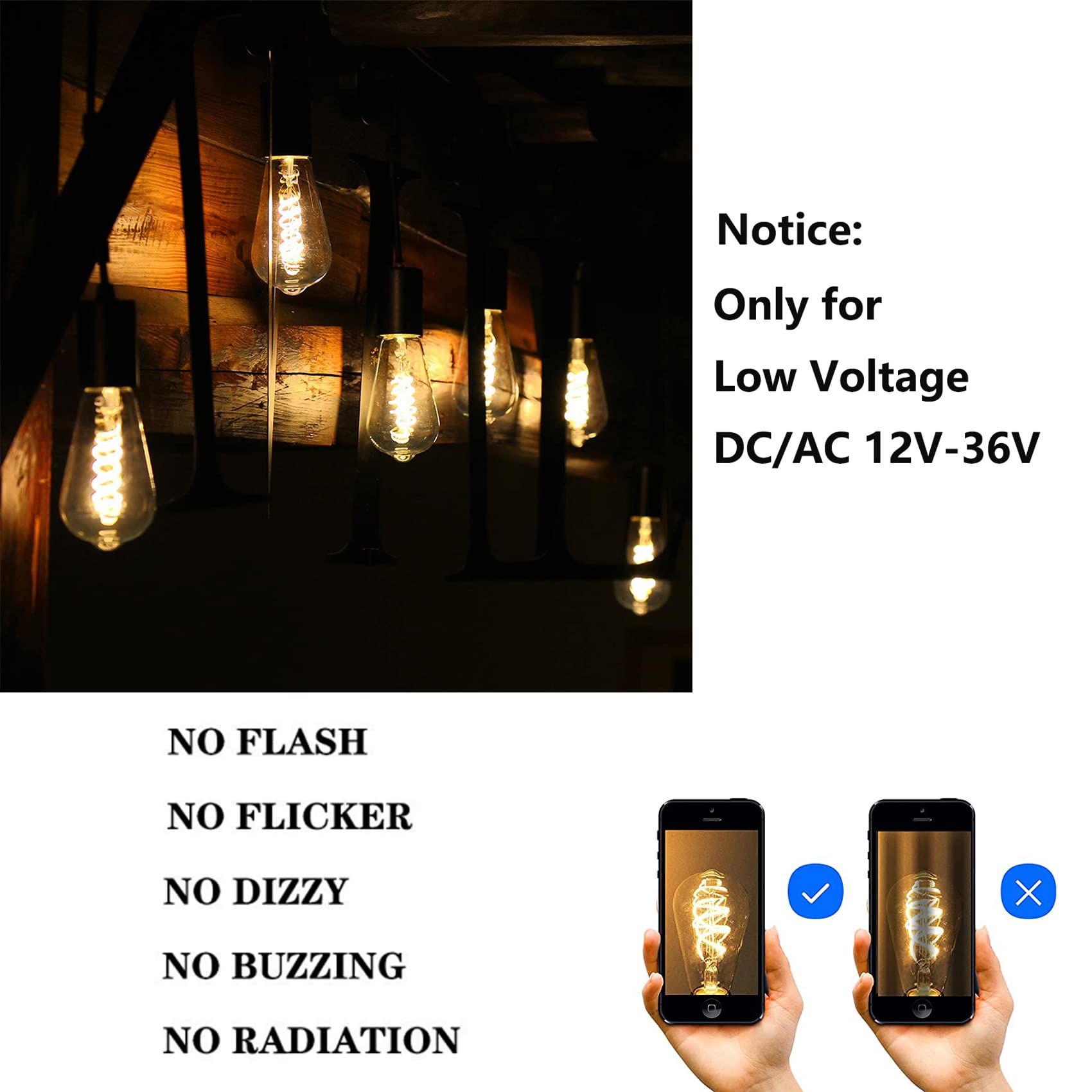 SHUWDKAR 12V Edison Bulb Vintage Warm White 2700K E26 Medium Base, DC/AC 12V 24V 36V LED Edison Light Bulb 40W Equivalent, Low V