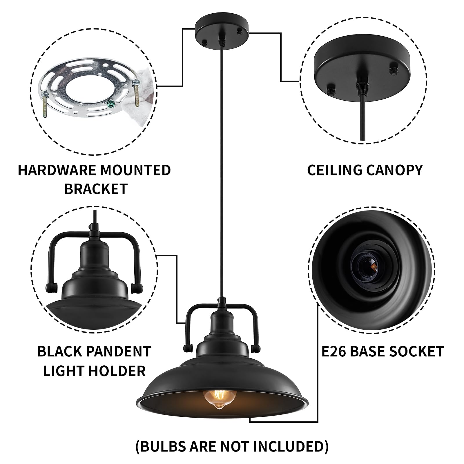 Sesiment Black Pendant Light Fixtures 12.5 Inches 3 Packs,Matte Pendant Lights Kitchen Island,Industrial Pendant Light,Vintage F