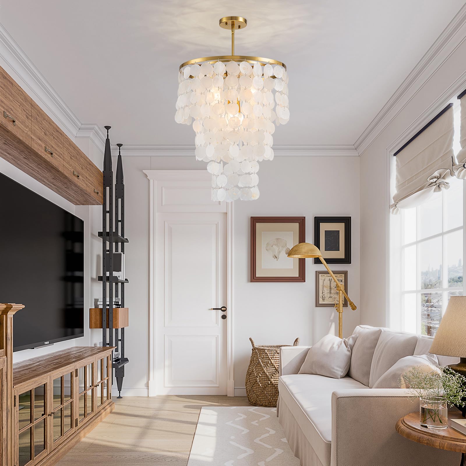 LumFurn 4-Lights Capiz Shell Chandelier, Adjustable Pendant Light Fixture, Gold Frame, D17.7 x H27.5~59", Modern Design for Dining Room & Living Room