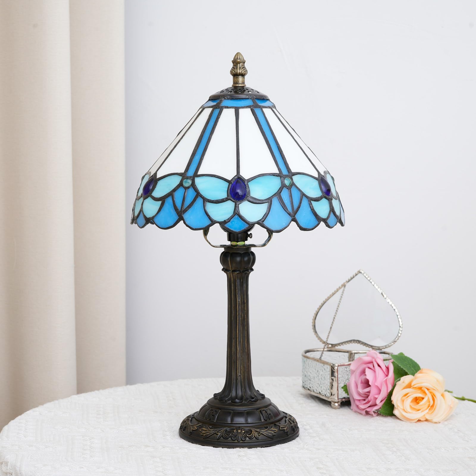 Tiffany Lamp Little Blue Butterfly Style Stained Glass Reading Lamp 8X8X14 Inch Bedroom Bedside Nightstand Night Light Home Offi