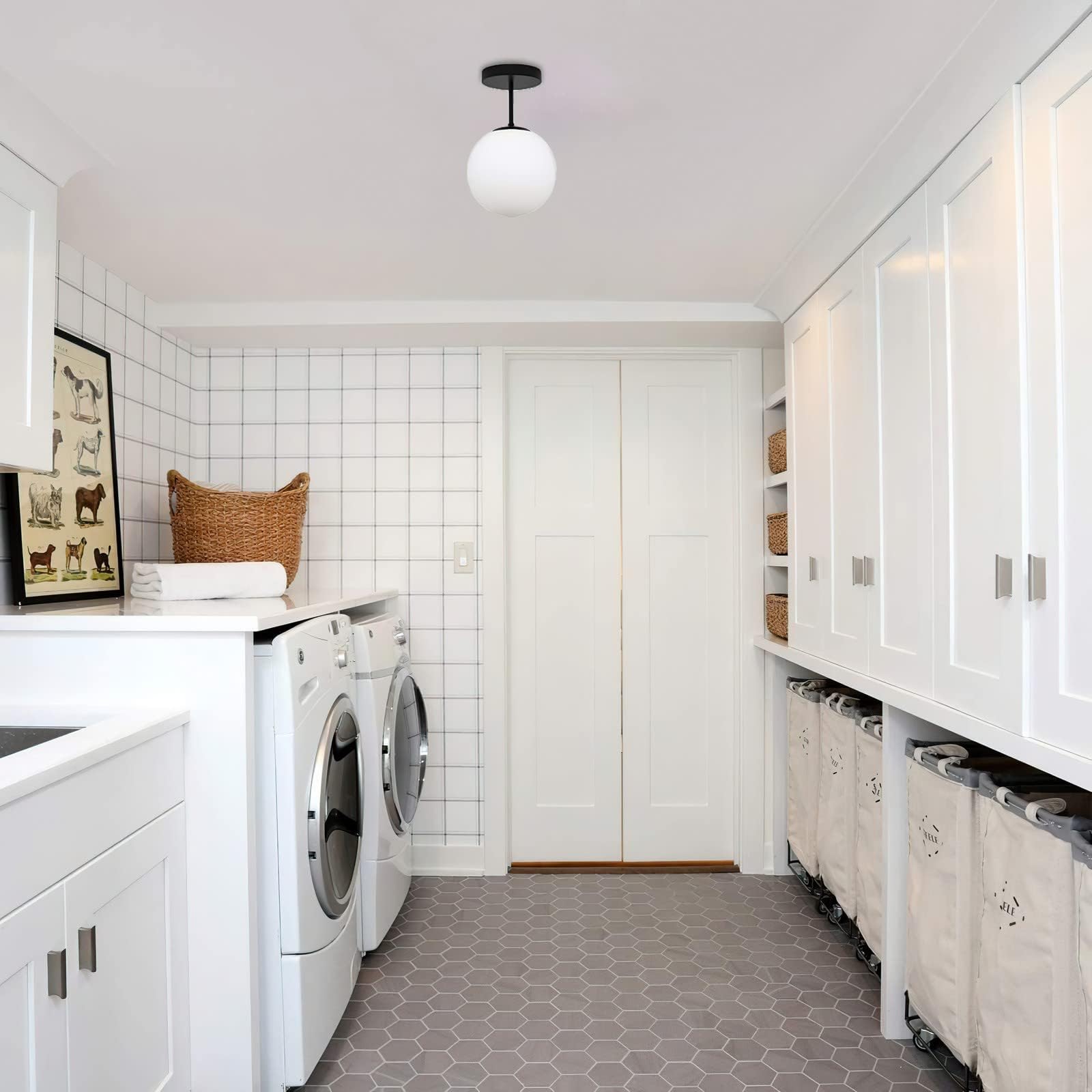 Koko&Yukina Mid Century Modern Frosted Glass Semi Flush Mount Light Fixture, Black Finish