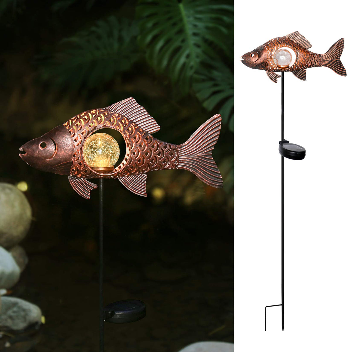 Kaixoxin Garden Solar Lights Metal Fish Crackle Glass Globe Stake Lights,Waterproof Warm White Led Solar Path Lights (Big Size,B