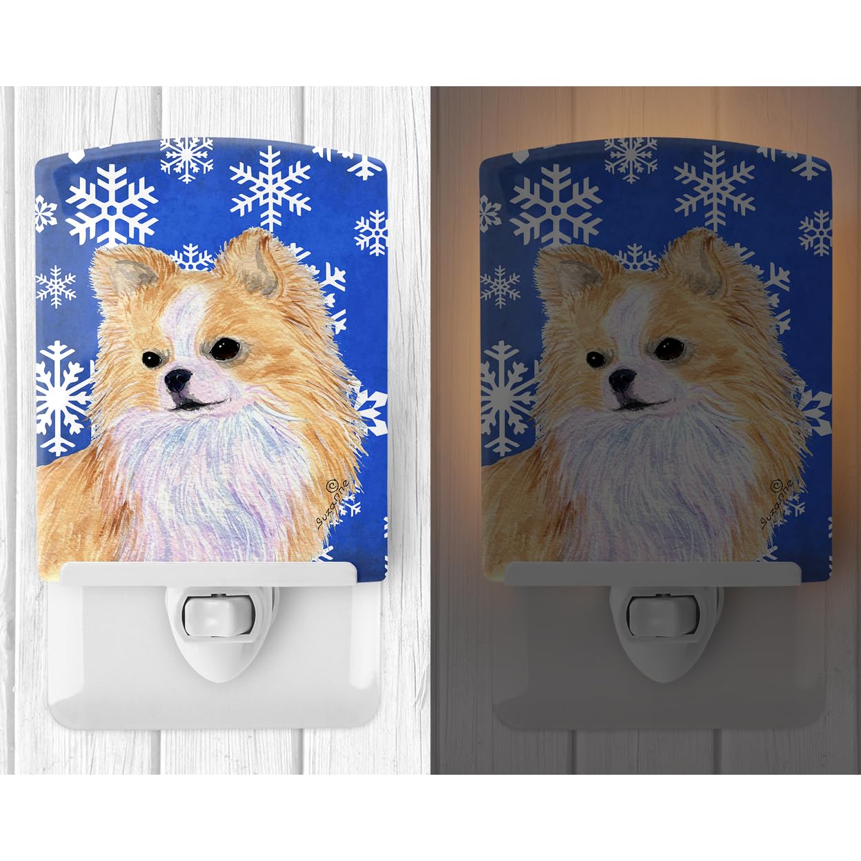 Caroline'S Treasures Ss4611Cnl Chihuahua Winter Snowflakes Holiday Ceramic Night Light Compact, Ul-Certified, Ideal For Bedroom, Bathroom, Nursery, Hallway, Kitchen, 6X4X3, Multicolor