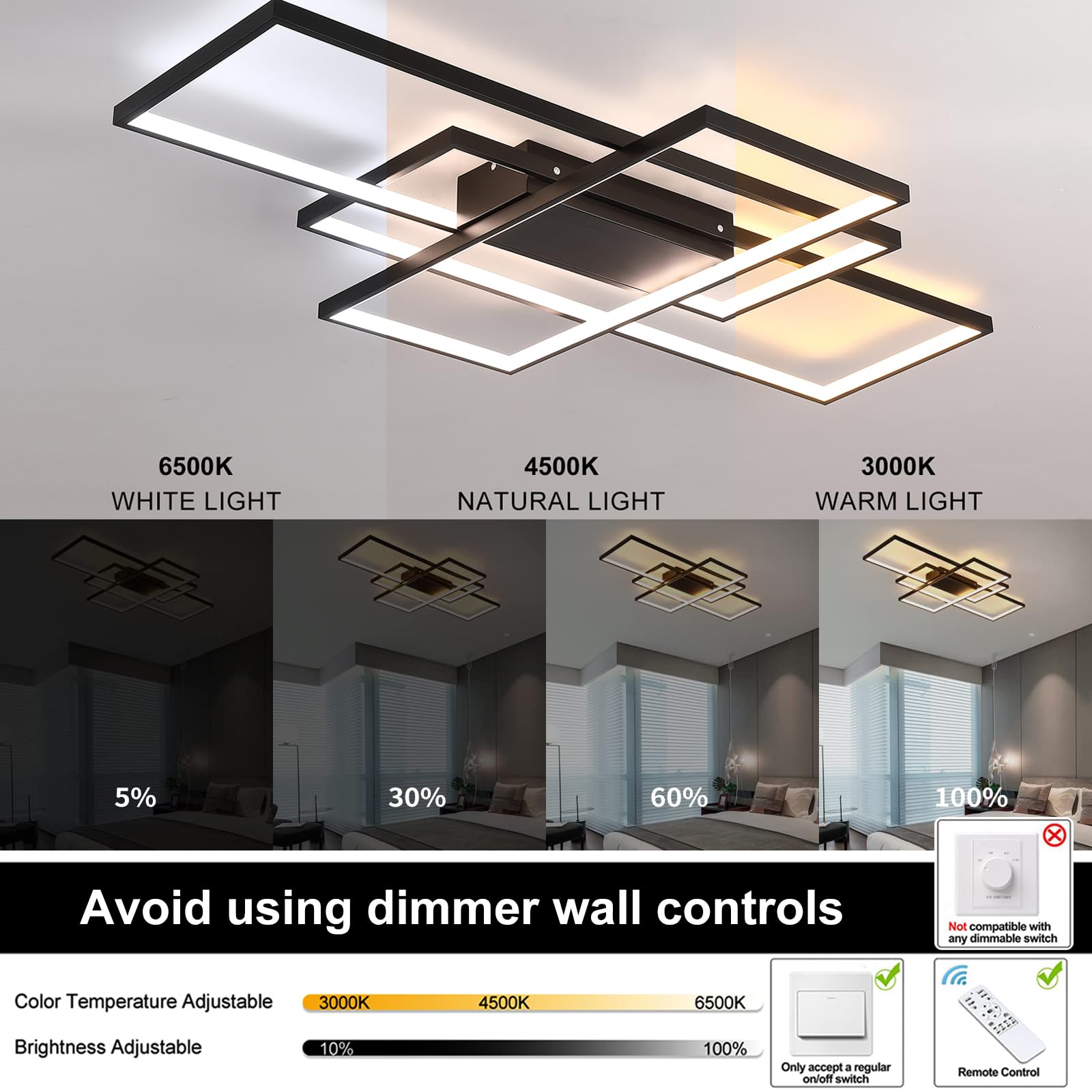 Geadi Modern Led Ceiling Lights For Living Room, Bedroom & Kitchen - Dimmable, 35.4'' Black Rectangular Fixtures With Remote Con