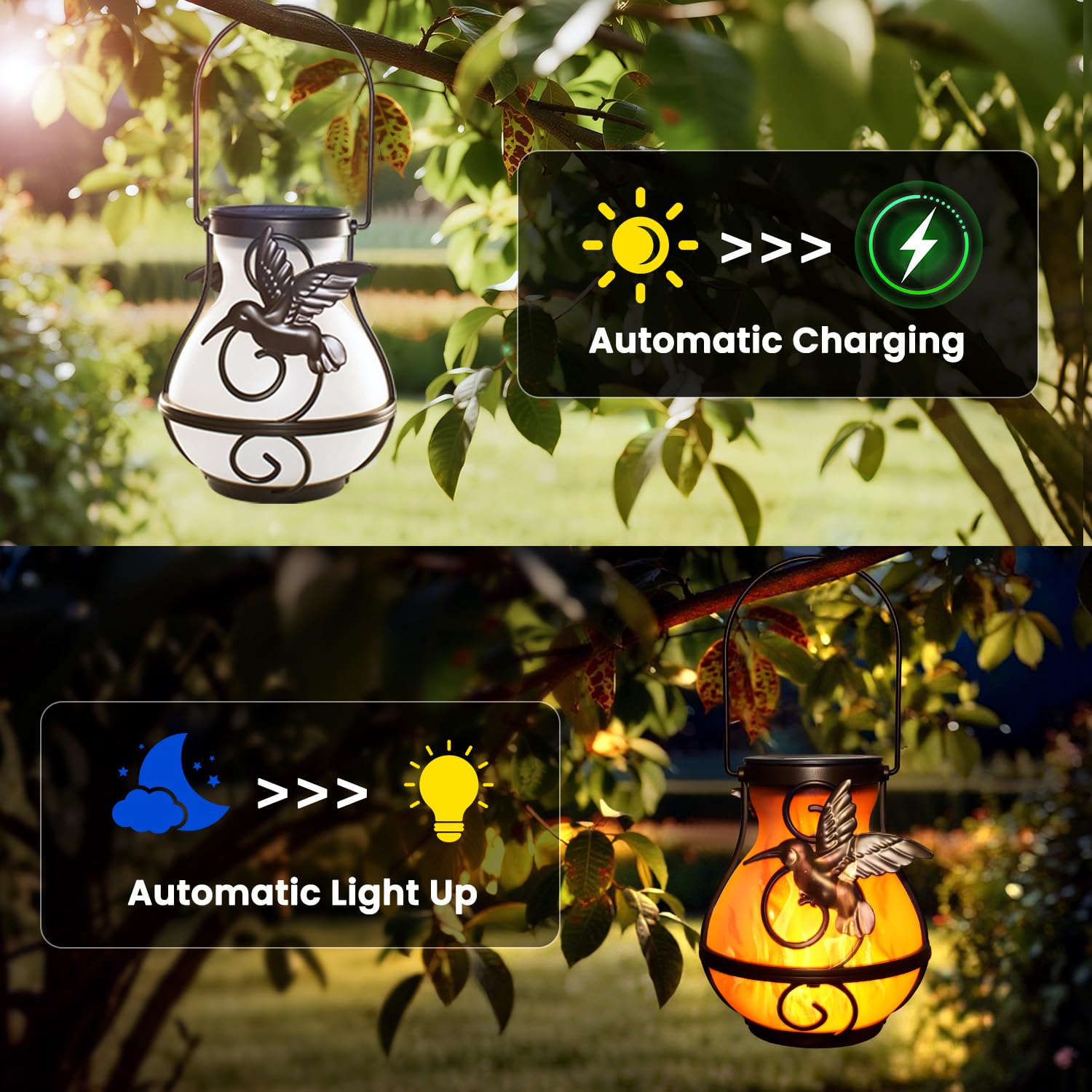 Babineto 2 Pack Solar Lanterns, Waterproof LED Lights with Flickering Flame for Outdoor, Brown, Model HYD-FLSM-01