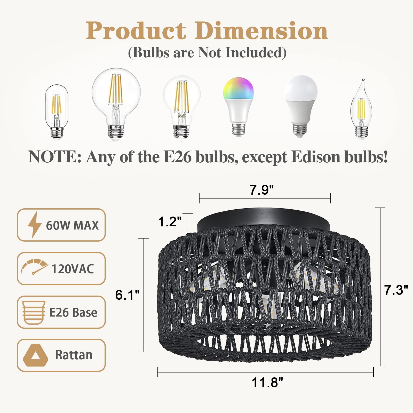 Rattan Light Fixtures Ceiling Mount, 3-Lights Boho Flush Mount Ceiling Light, Hand-Woven Cage Shade Lamp Lighting, Rustic Rattan Chandelier For Hallway Bedroom Kitchen Farmhouse Foyer Entryway (Black)