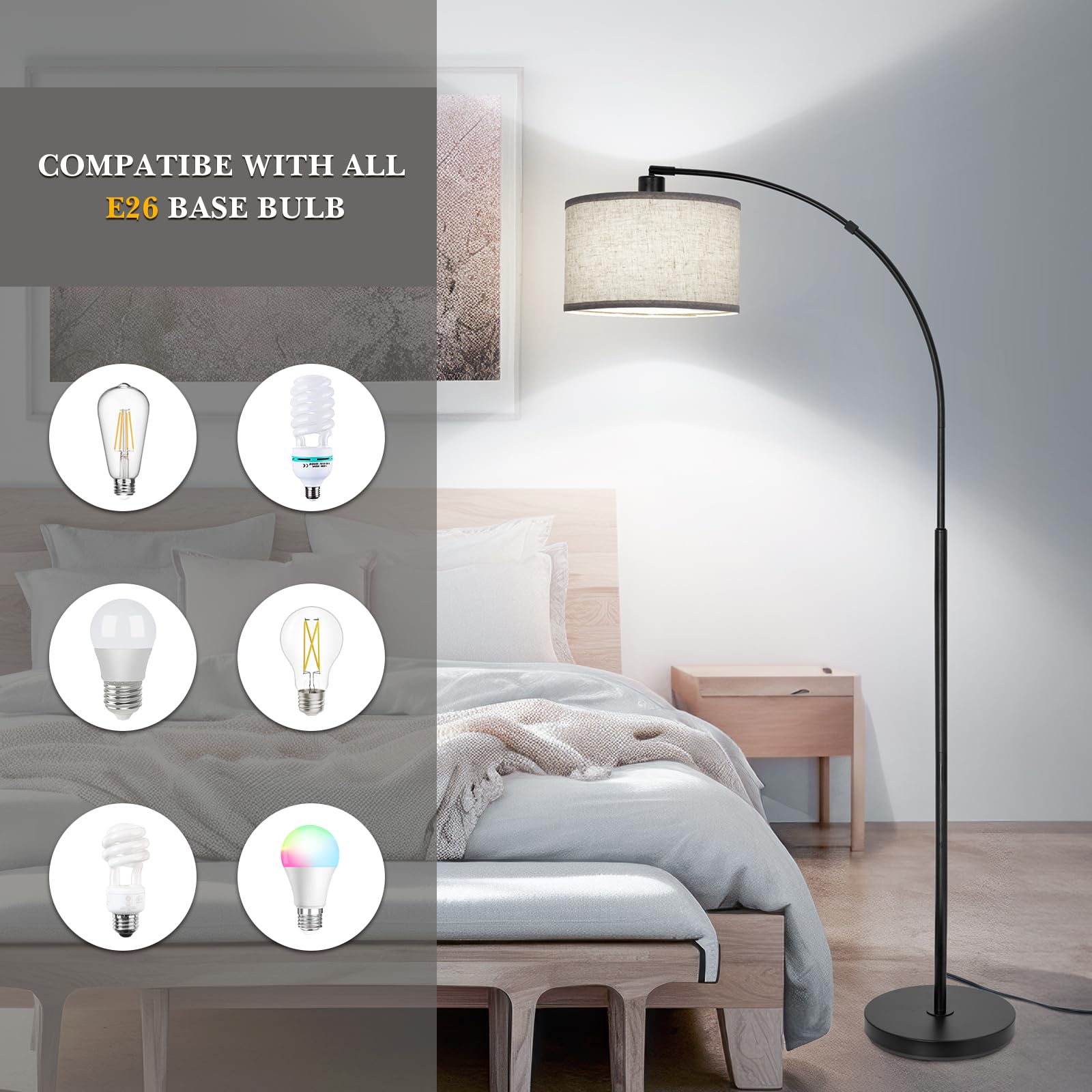 Black Arc Floor Lamps For Living Room,Modern Standing Lamp With Adjustable Drum Lampshade Tall Pole Lamp With Foot Switch Over C