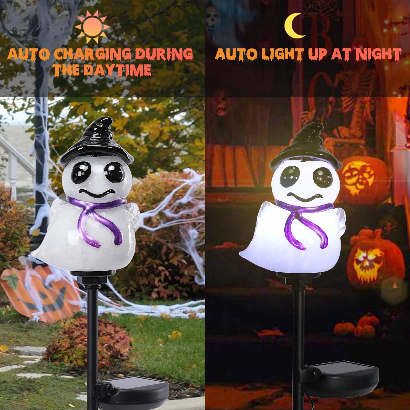 Bshine Halloween Ghost Solar Lights - 2 Pack, Hand Blown Glass, Waterproof Outdoor Decor, Pumpkin Stake, Model 4884181-2