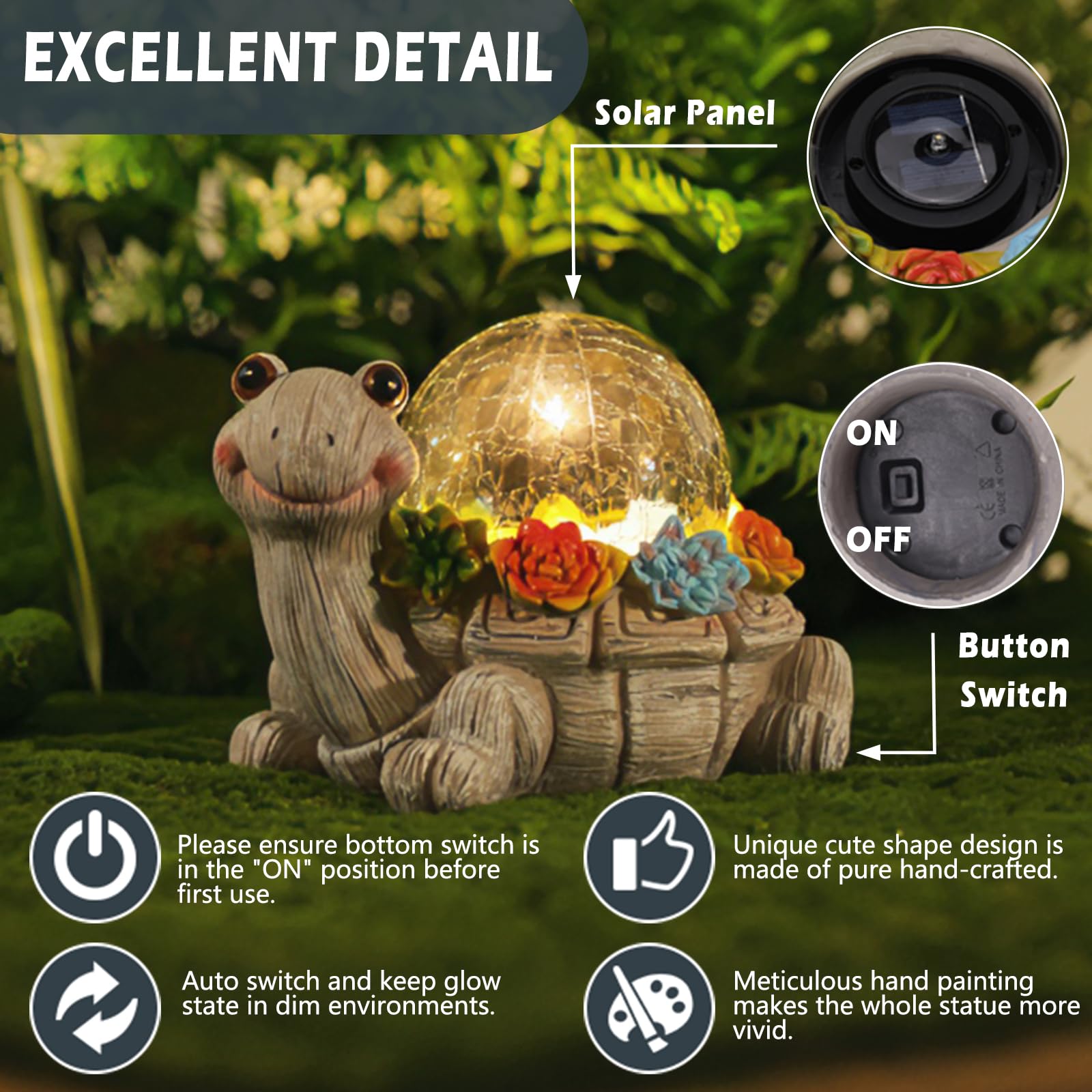 Vasesun Solar Turtle Garden Statue Lights For Outdoor Decor With Cracked Glass Led Figurine Lighting Resin Succulent Tortoise De