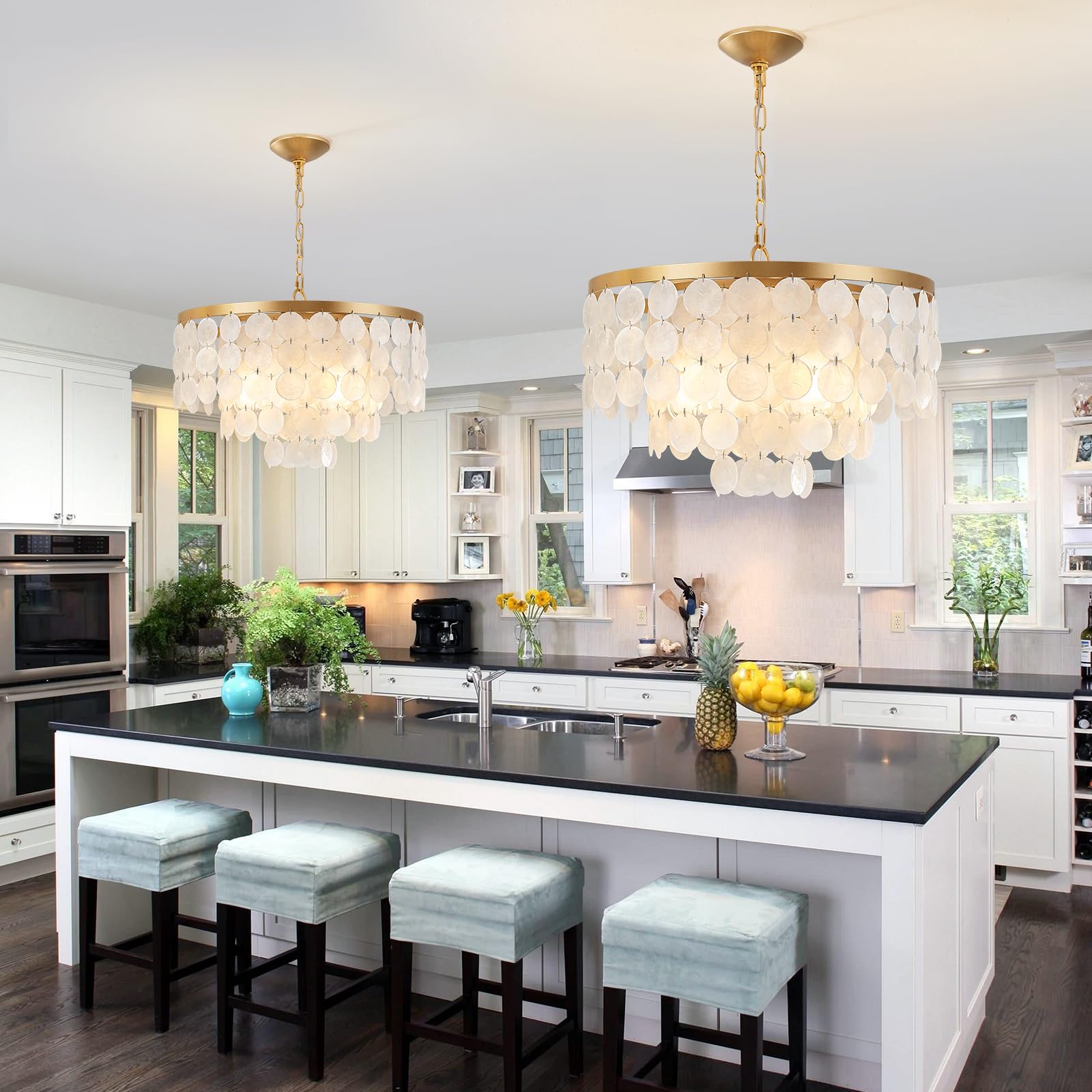 HLMRCHEN Shell Chandelier, 4-Light Capiz Pendant Light Fixture, White & Gold, Model F092-450 for Foyer, Kitchen Island, Dining Room