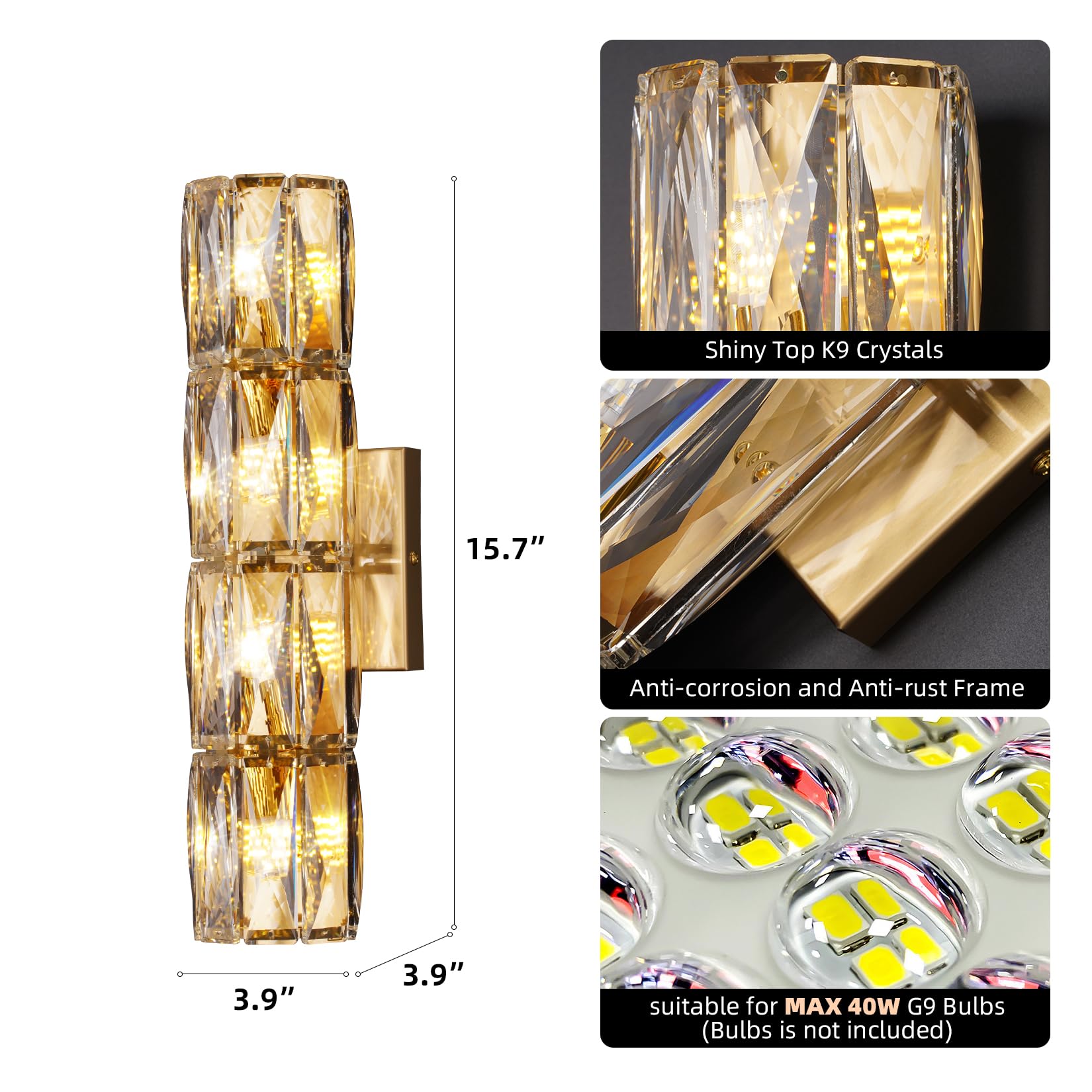 Crystal Wall Sconces Lighting, Modern Gold Wall Light Fixture, Elegant Vanity Wall Lighting Mount For Living Room Bedroom Bathroom Crystal Vanity Light Fixture For Indoor Hallway Doorway Stairway