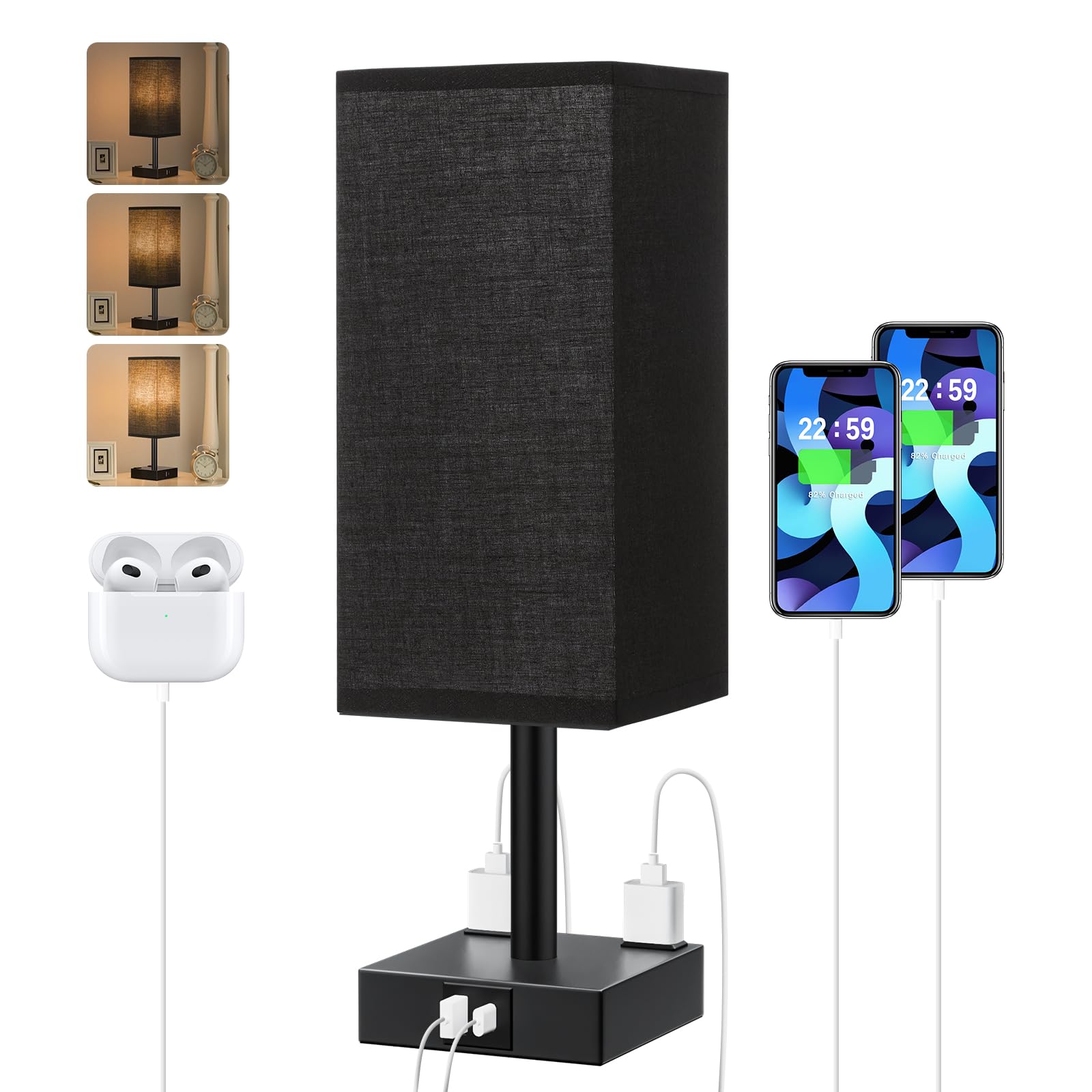 aooshine Touch Bedside Table Lamp - 3-Way Dimmable, USB A & Type C Ports, 14in, Black, Model 3-10
