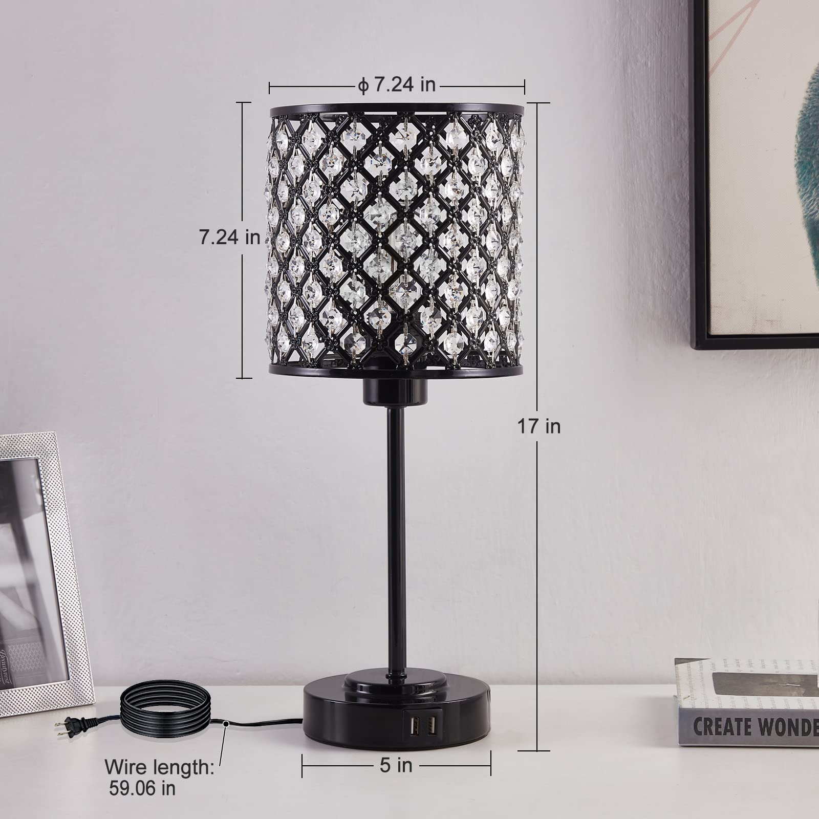 Rayinight Crystal Touch Control Table Lamp With 2 Usb Charging Ports, 3-Way Dimmable Black Crystal Table Bedside Lamp Nightstand