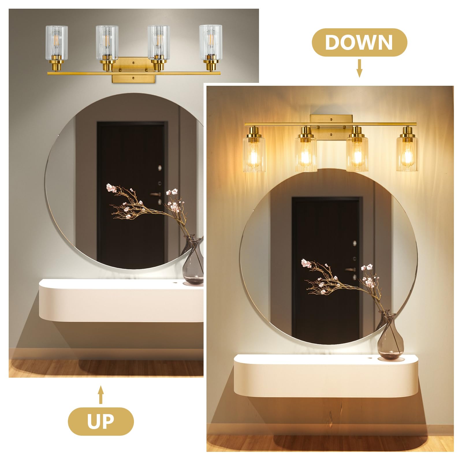Jonsi 4-Light Brushed Gold Bathroom Vanity Light Fixture with Glass Shades, 31.1 Inch, E26 Wall Sconces for Bathroom, Living Room, Hallway