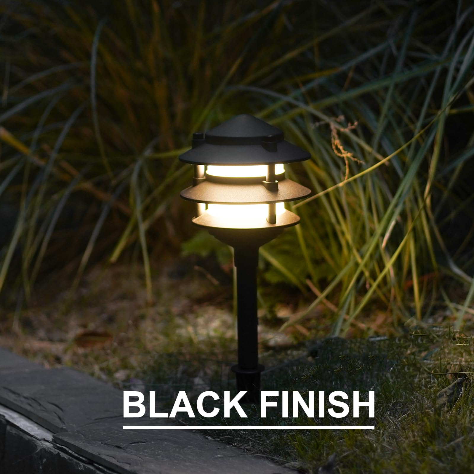 GOODSMANN 4PK Low Voltage Landscape Lighting - 2.2W LED, 30 Lumen, Warm White, Black Aluminum Pathway Lights, Model 9122-21102-S