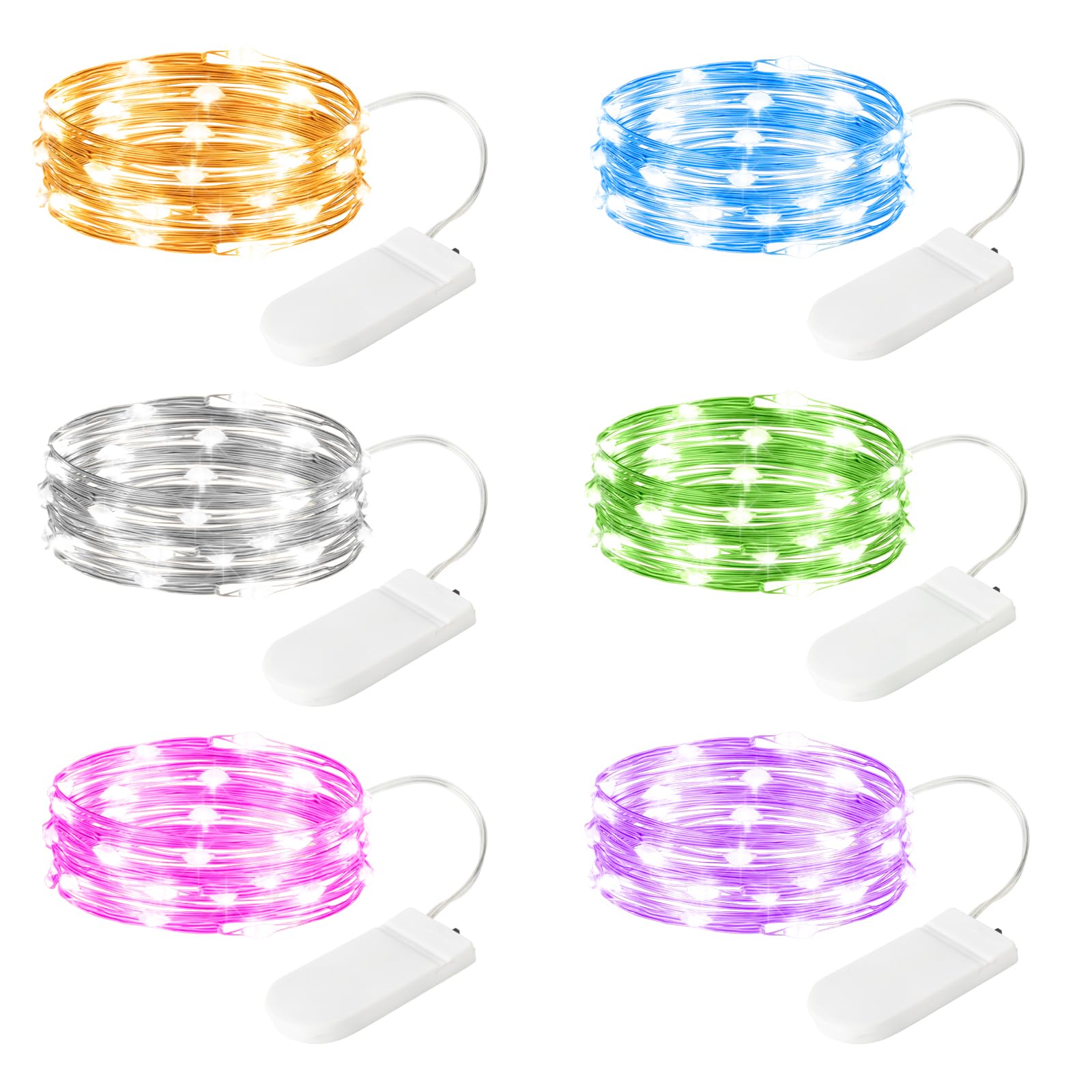 SINAMER 6 Pack Fairy Lights Battery Operated Lights, 7ft 20 Led Multicolor Mini String Lights, Waterproof Silver Wire Starry for