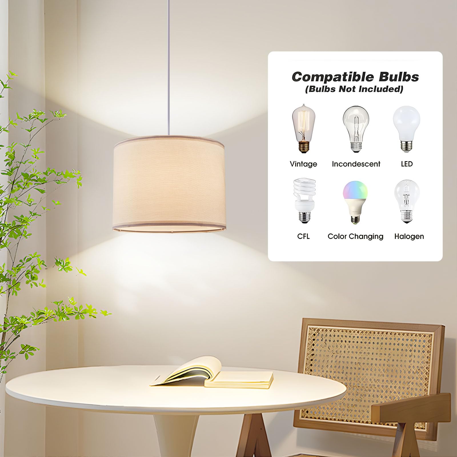 Cckzqyr 2 Pack Plug In Pendant Light, 15 Ft Hanging Lamp With Plug In Cord, On/Off Switch, White Fabric Lamp Shade, Hanging Ligh