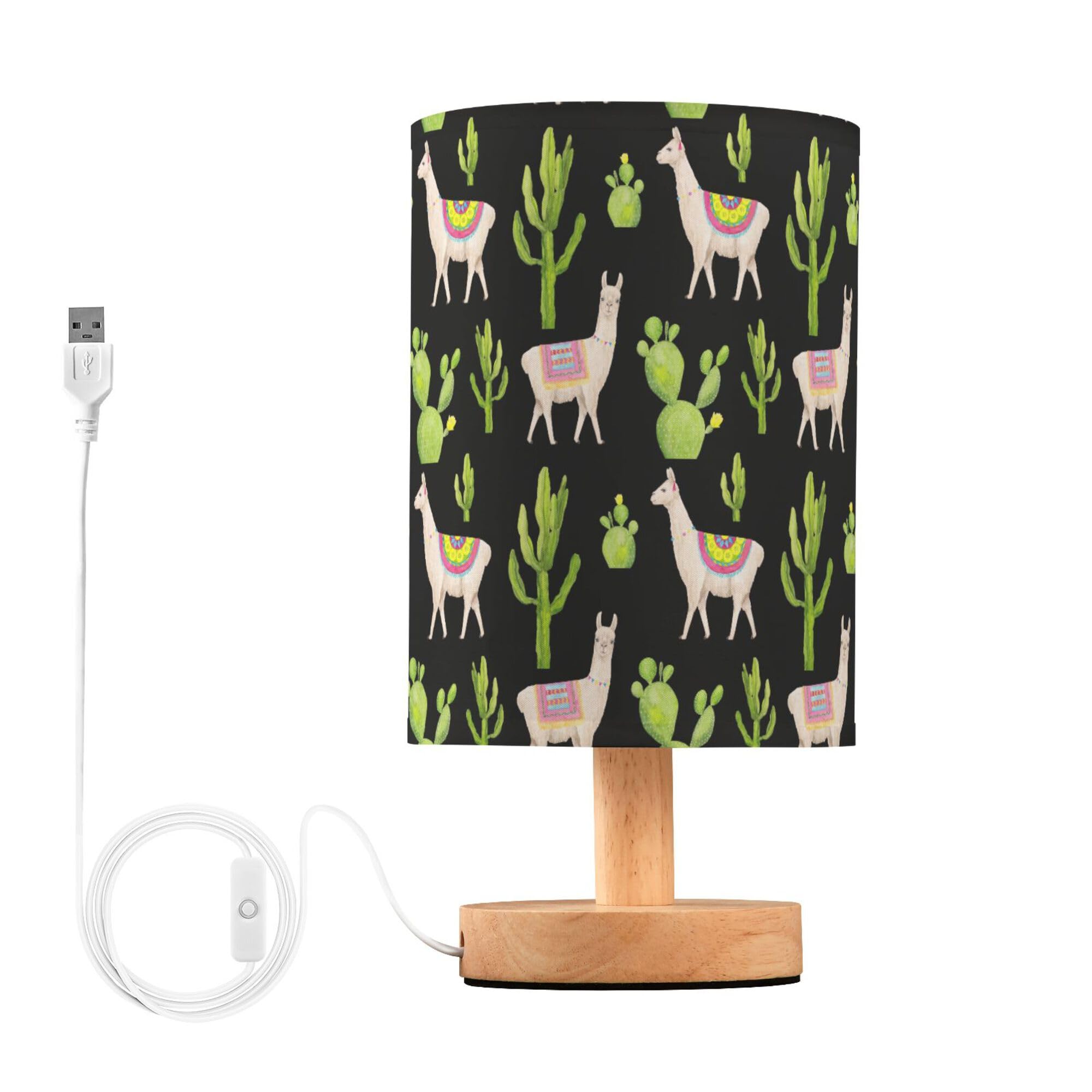 YYZZH Table Lamp Watercolor Llama Alpaca Cactus Pattern Nightstand Lamp with Wood Base Fabric Lamp Shade Bedside Desk Lamp for L