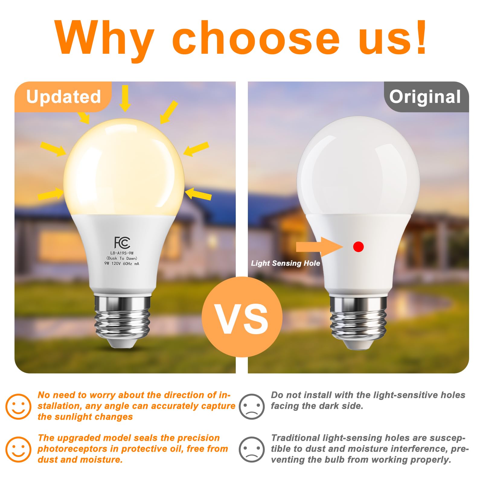 TJOY Dusk to Dawn Light Bulbs, LED Light Sensor, 9W, E26 Base, Soft White 2700K, 4 Pack