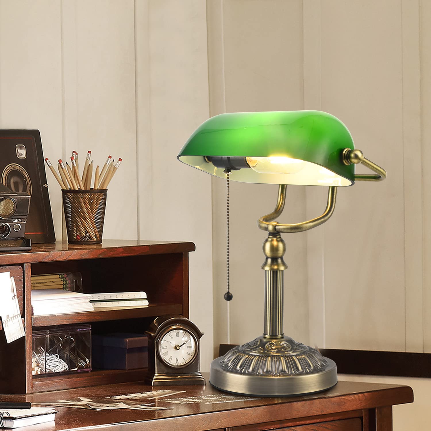 Rizzyluz Vintage Green Glass Bankers Desk Lamp with USB Port, Metal, Model RZ-MT0249 AB