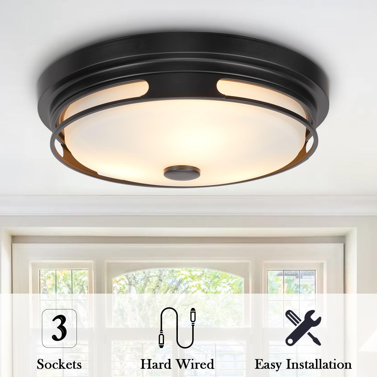 Rosient Flush Mount Ceiling Light Fixture - Modern Farmhouse, Seeded Glass, ROS90, Black