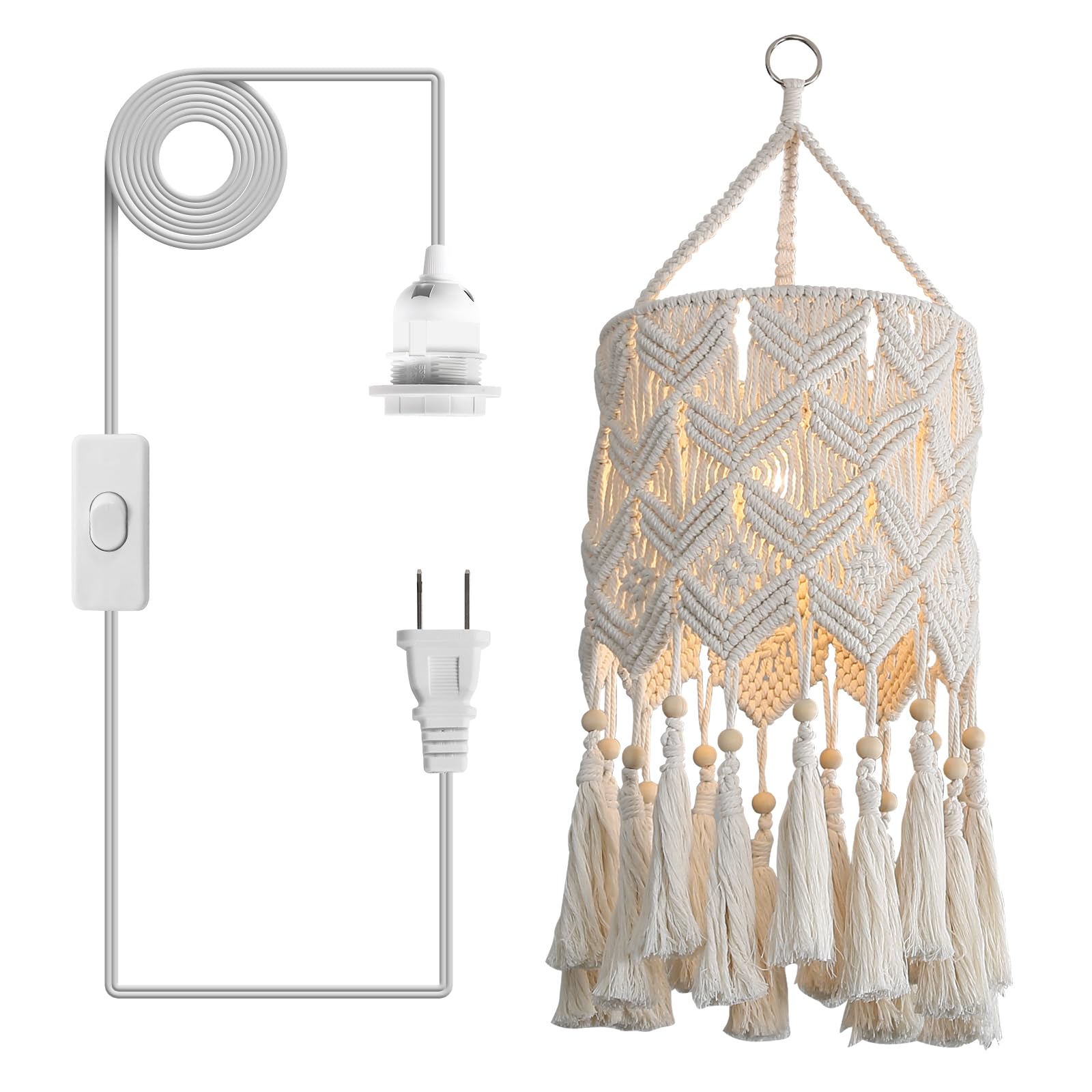 Bioaqua Macrame Pendant Light Shade, Handmade Cotton Hanging Lamp, Boho Style, Type1, Model Lamp Shade-1