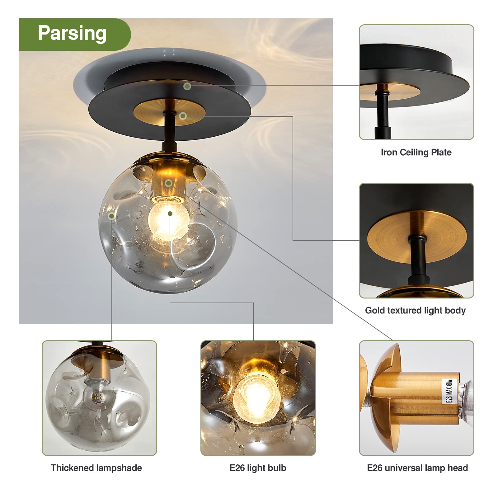 Szxykeji 1-Light Mini Glass Globe Ceiling Light, Modern Black Flush Mount Fixture For Hallway