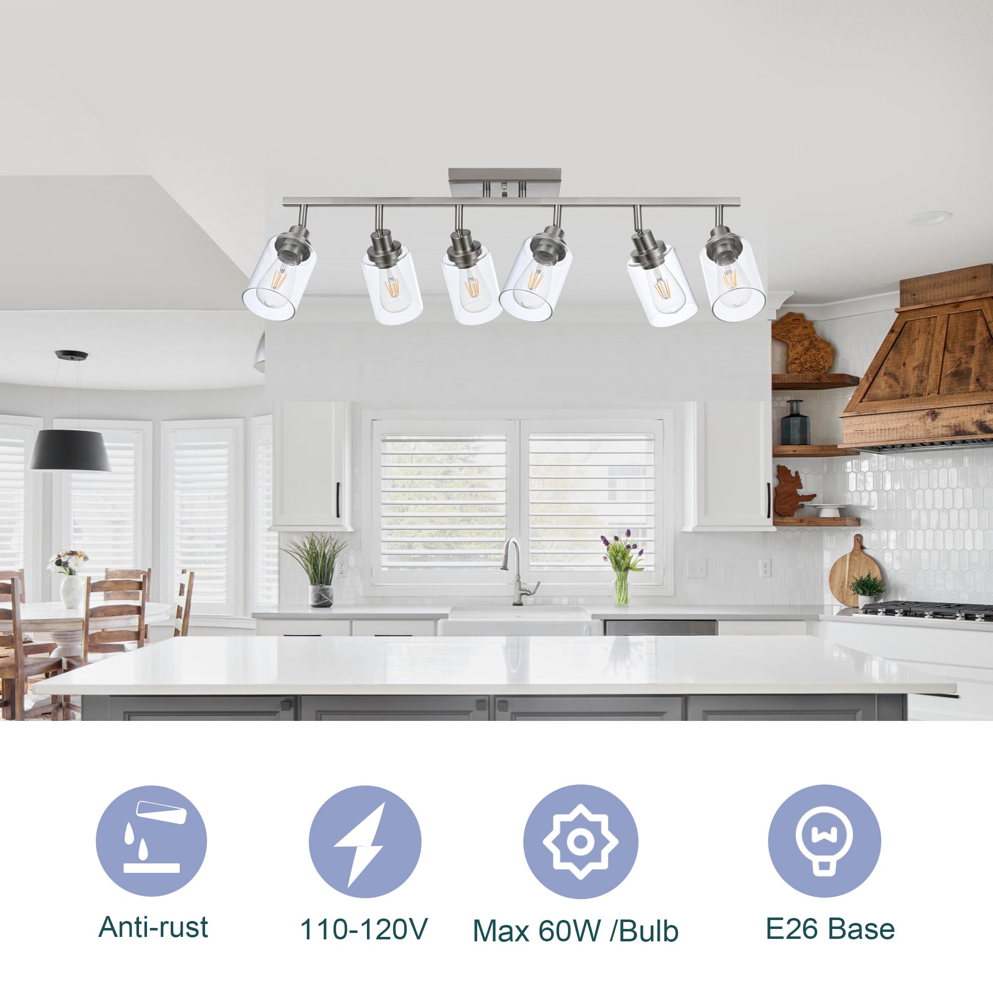 Wanluce 6-Light Track Lighting Kit, Brushed Nickel, Iron, Model 16450SP-6SN, Clear Glass, Rotatable Spotlight for Kitchen and Bathroom