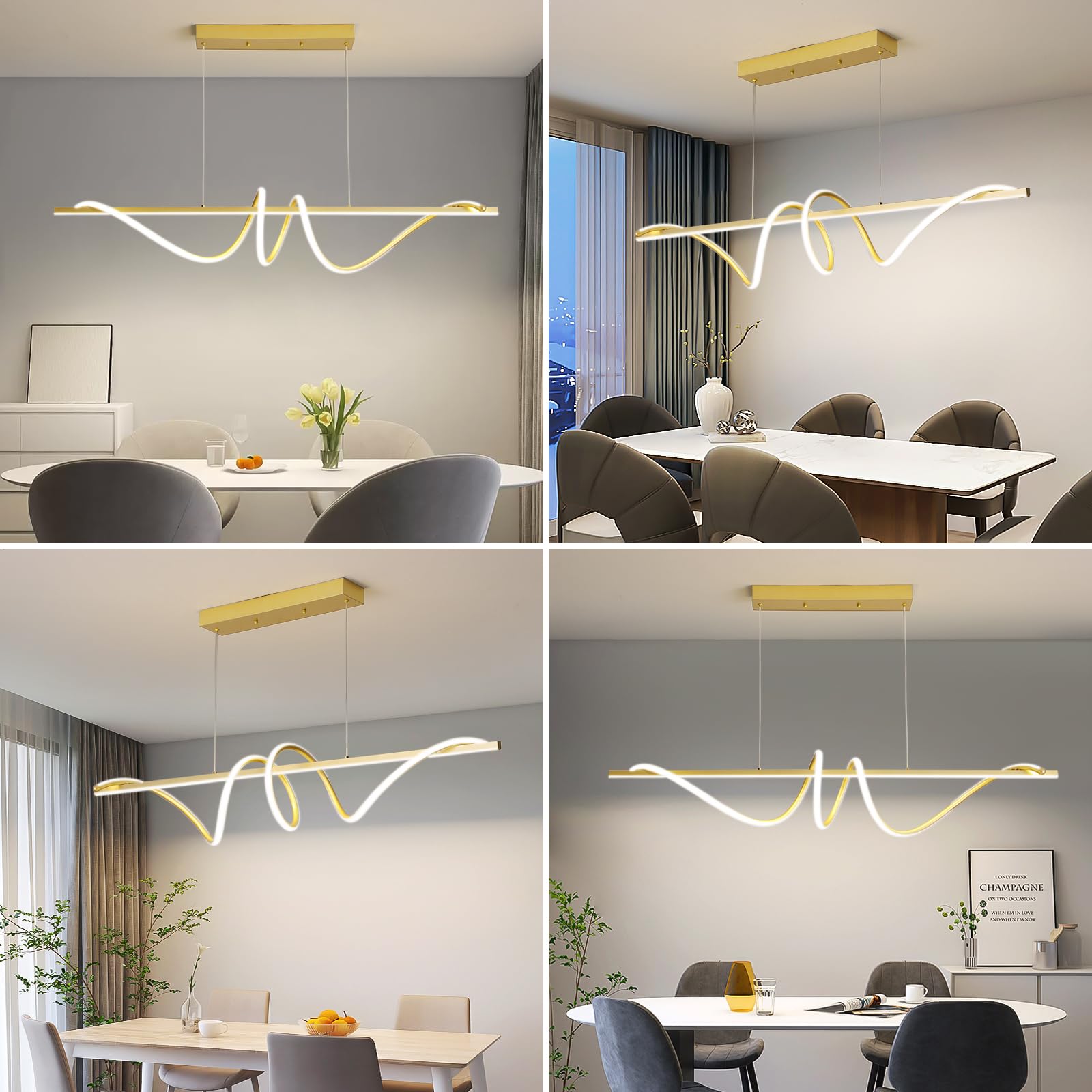 Mikeru Modern LED Pendant Light, Dimmable Chandelier, 47in, Aluminum, Gold, Model LX, Adjustable Color Temperature 3000K-6500K