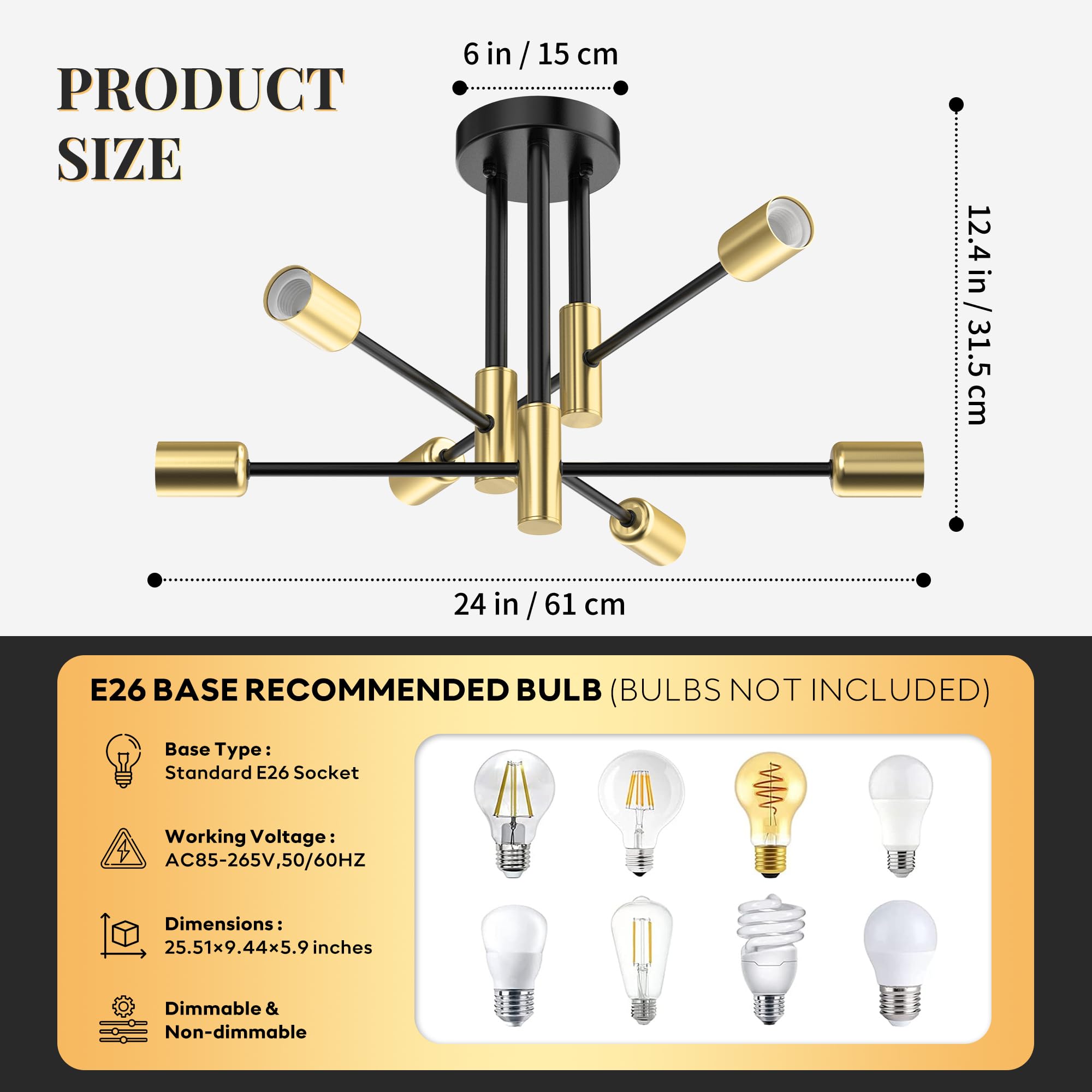Phaosio Modern Sputnik Chandelier Ceiling Light Fixtures, 6-Lights Mid Century Industrial Metal Semi Flush Mount Lamp For Bedroo