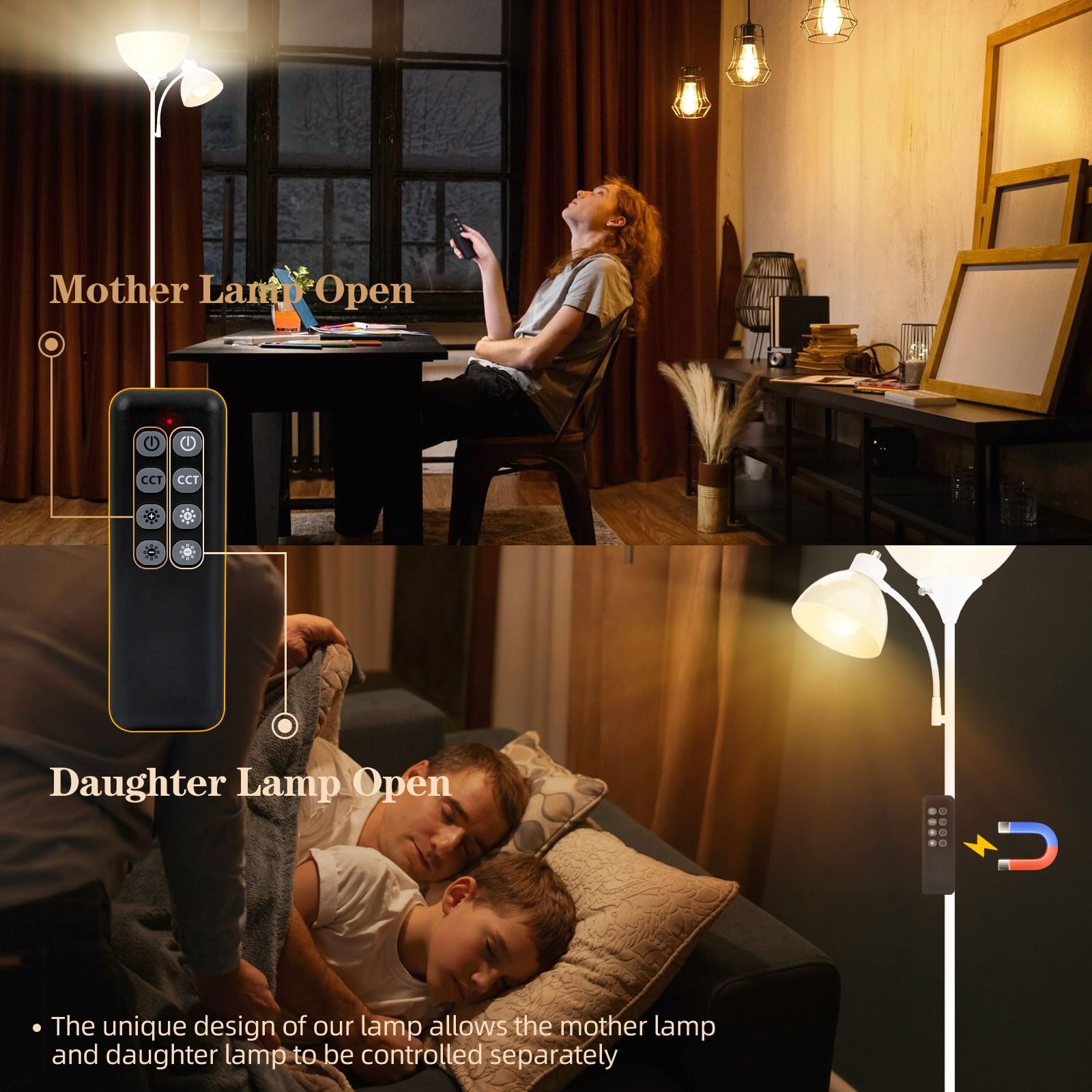 GERGO Led Floor Lamp - Super Bright 11W+7W, 2100LM, Adjustable 3000K-6000K, Remote Control, White, Model MF19062