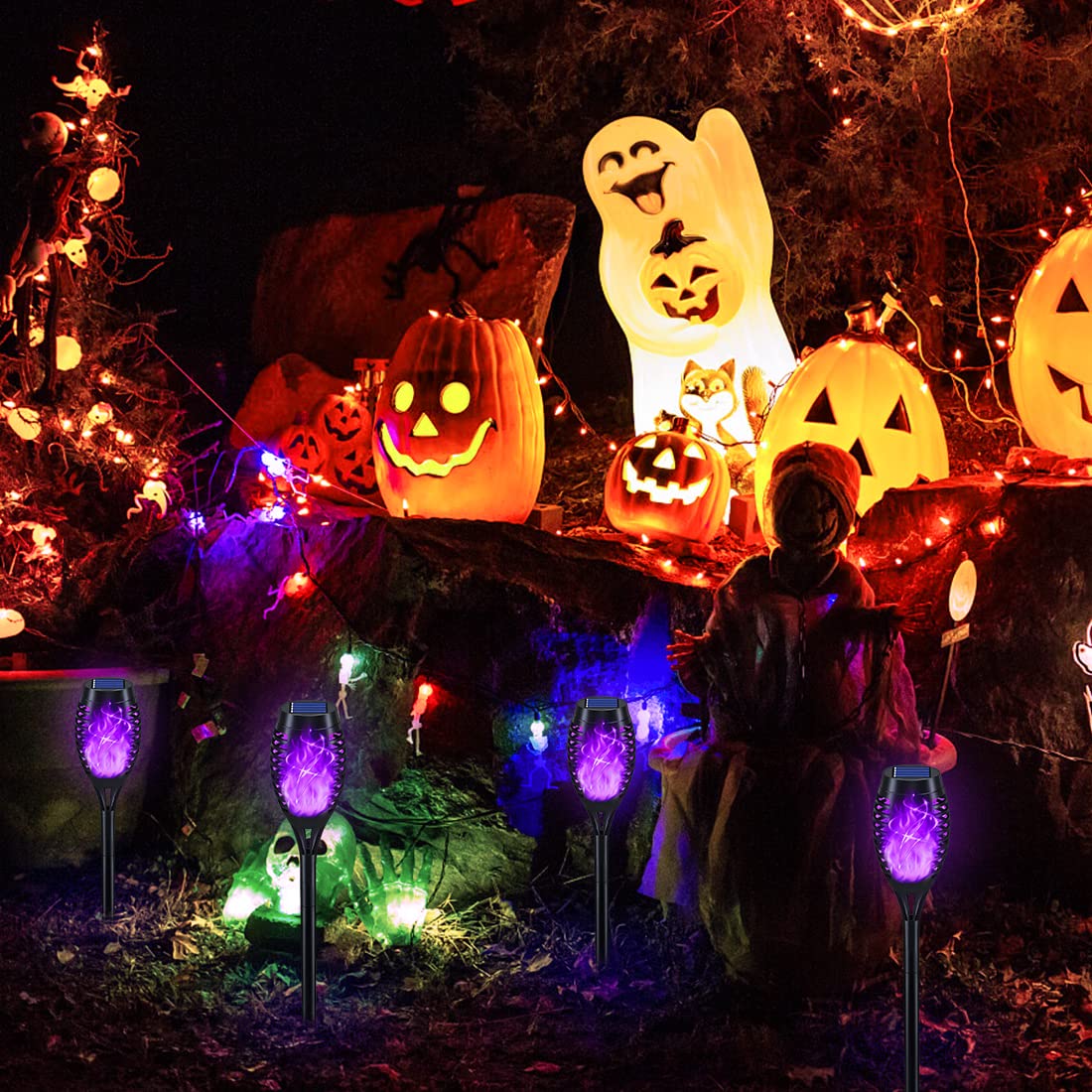 KYEKIO Solar Outdoor Lights, 16Pack Purple Flickering Flame, Waterproof Halloween Yard Decorations