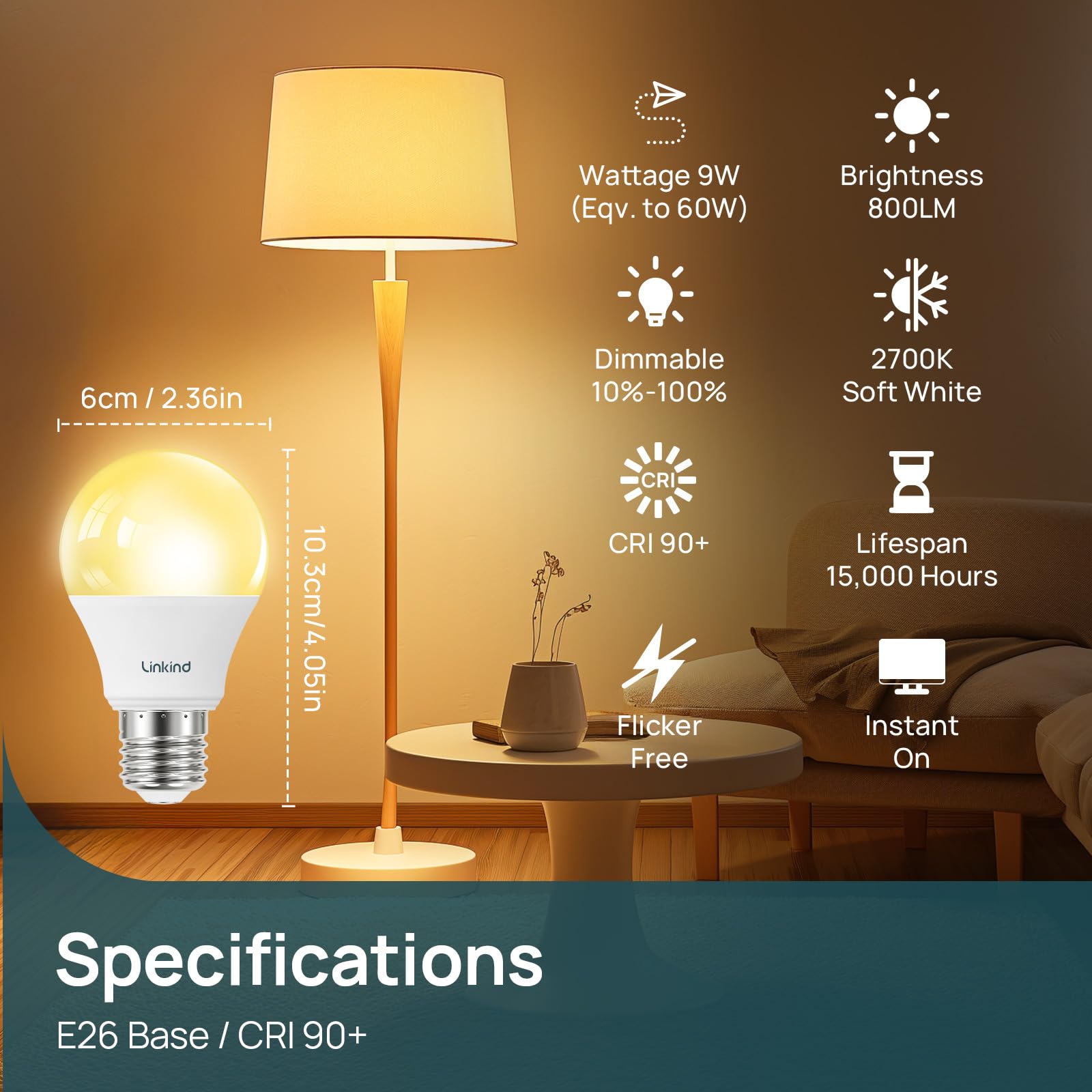 Linkind A19 Led Light Bulbs Dimmable, 60W Equivalent, 2700K Soft White Led Light Bulbs, High Cri90, 9W Energy Efficient 800 Lume