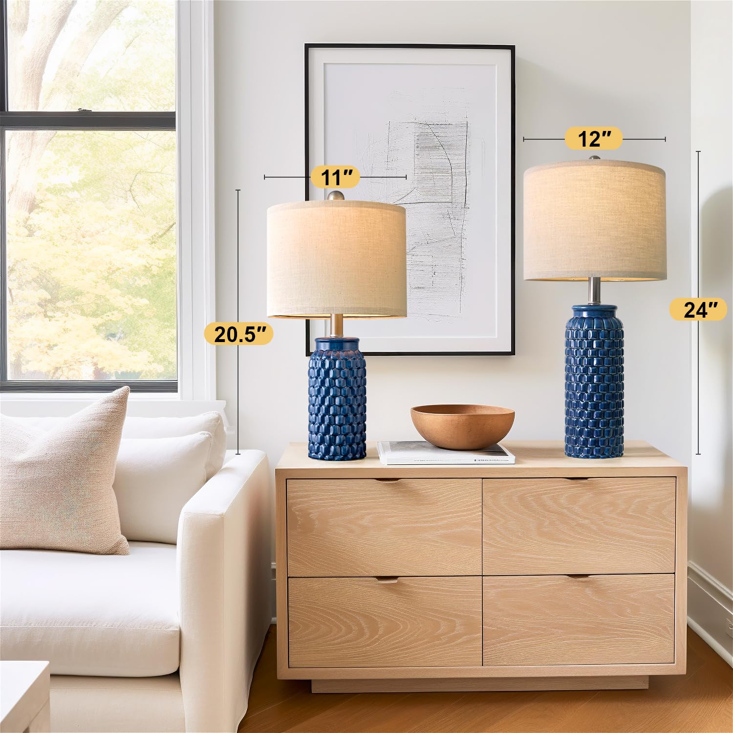 Usumkky 24 Inches Modern Ceramic Dark Blue Bedside Lamp Set Of 2 For Bedroom Decor Farmhouse Table Lamp For Living Room Office D