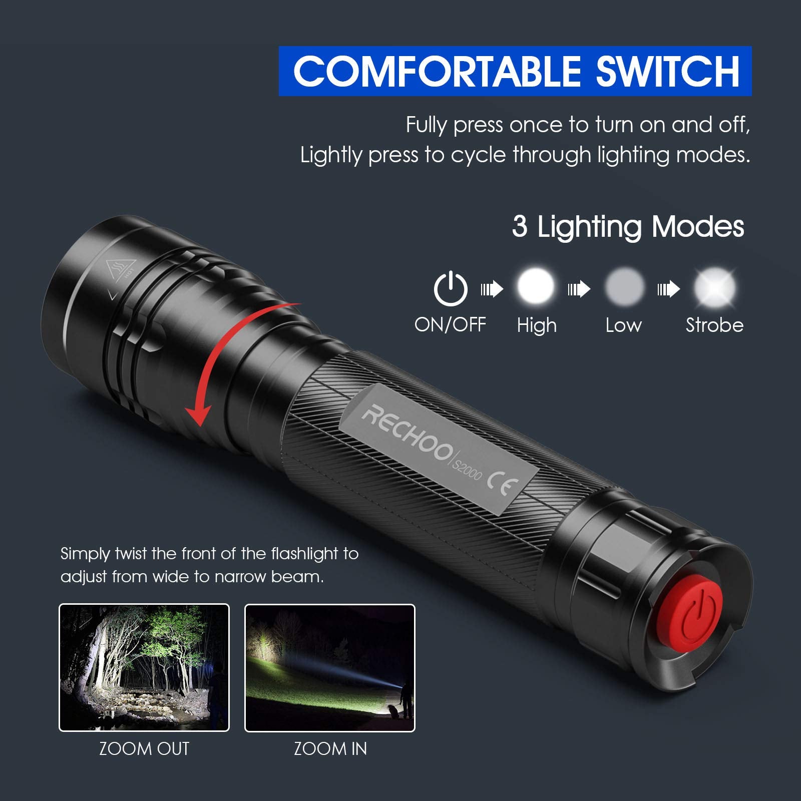 RECHOO S2000 High-Powered LED Flashlight - 2000 Lumens, 3 Modes, Zoomable, Water Resistant, Black, Ideal for Camping & Emergency Use