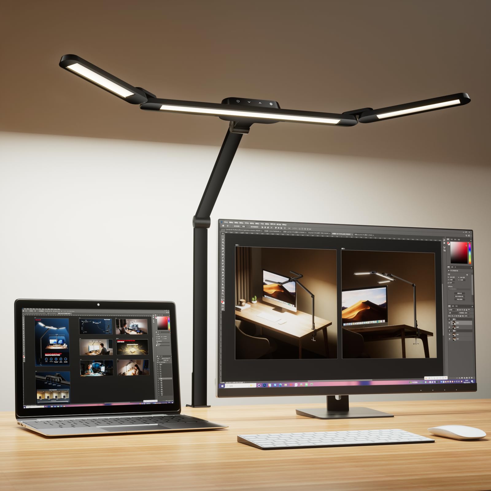 Honeywell LED Desk Lamp with Clamp - HJ3B Sunturalux Eye-Caring Desk Light for Home Office  22W Ultra Bright 3-Section Adjustable Task Lamp with Stepless Dimming for Dual Monitor Lighting