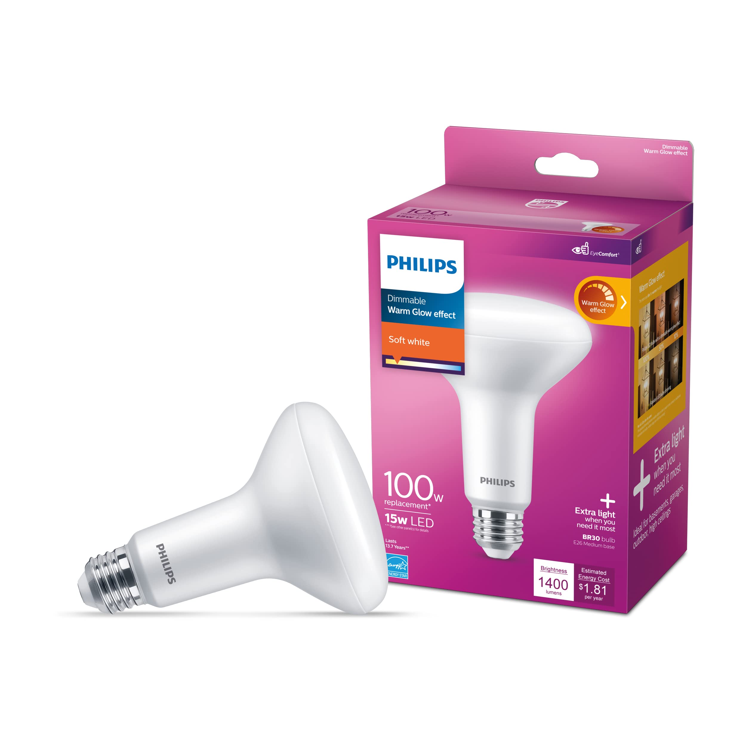 Philips LED BR30 Dimmable Light Bulb, 1400 Lumen, Soft White (2700K), 15W=100W, E26 Base, EyeComfort, 4