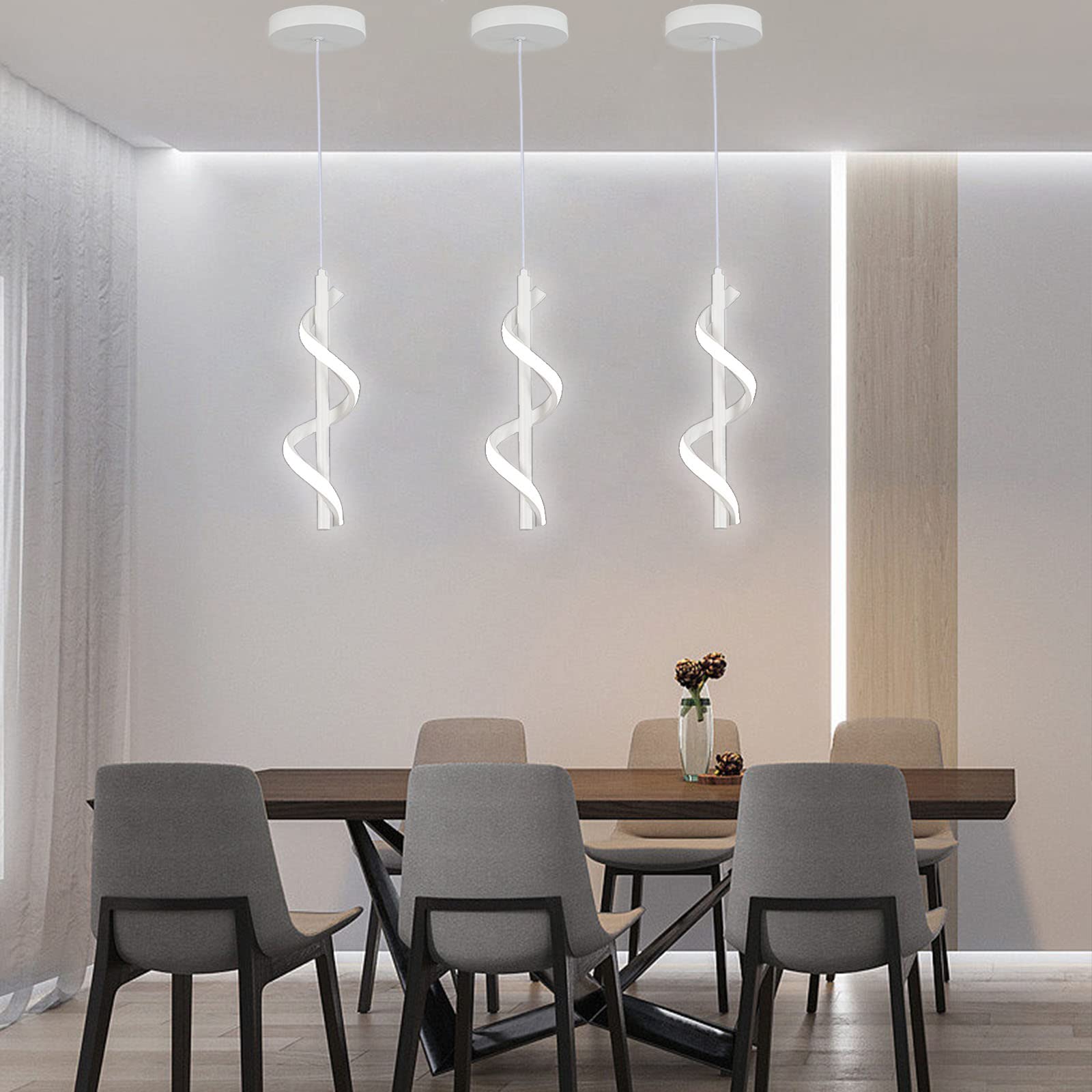 CANEOE 13W Modern Spiral LED Pendant Light Fixture, Cold White 5500K, Adjustable Hanging Lamp, Aluminum, White, Model 8748452959003