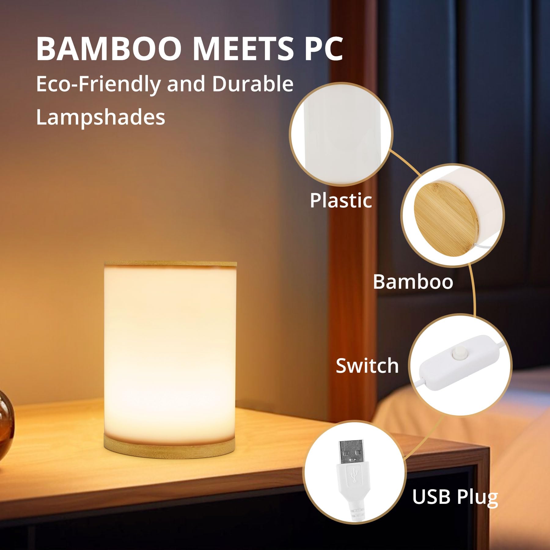UCHENTON Mini Bamboo Bedside Table Lamp, 10 Brightness Levels, 3 Color Temperatures, Polycarbonate Shade, USB, Cold White/Warm White/White