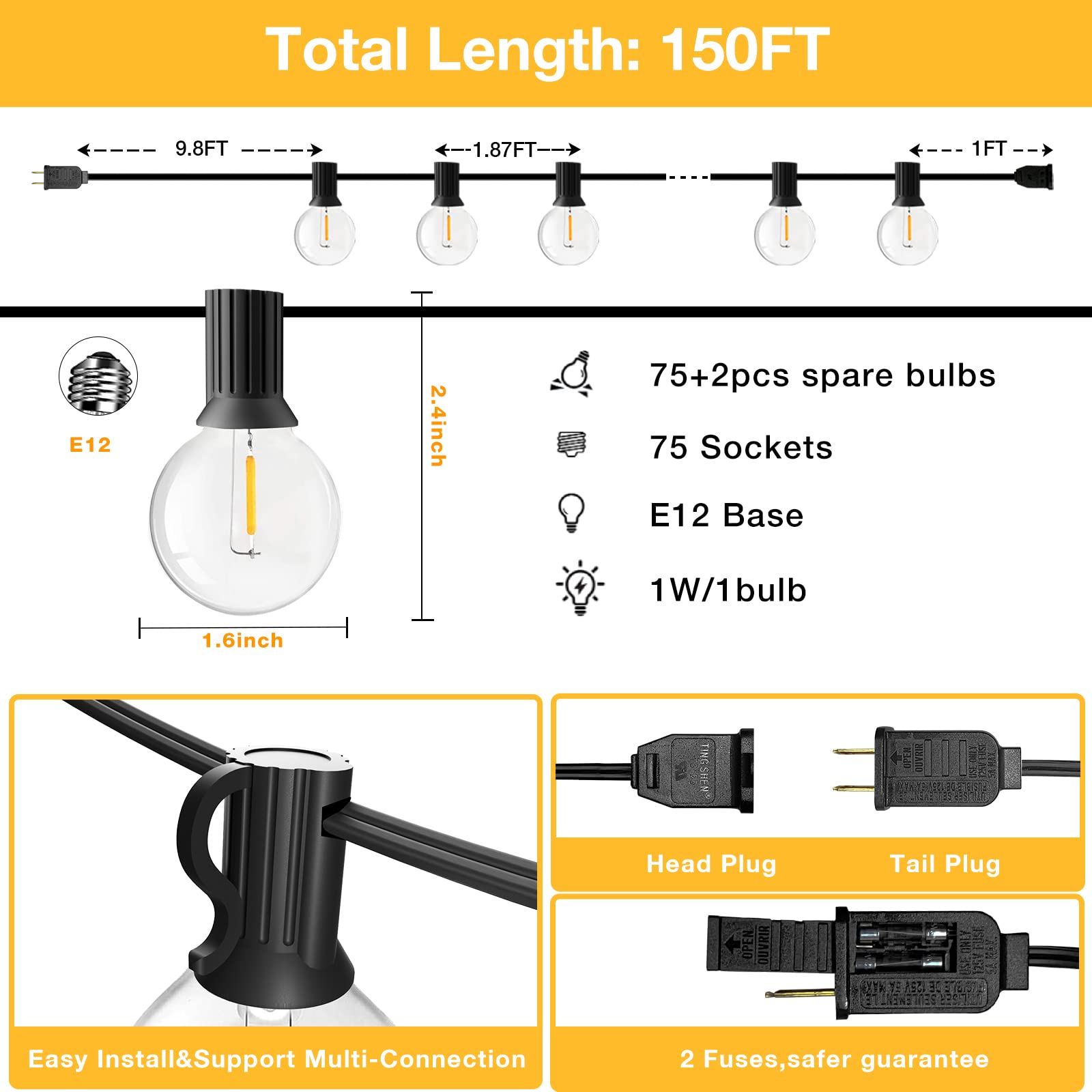 String Lights For Outside 150Ft,Dimmable Waterproof Outdoor String Lights With 75+2 Shatterproof G40 Globe Bulbs Connectable Led