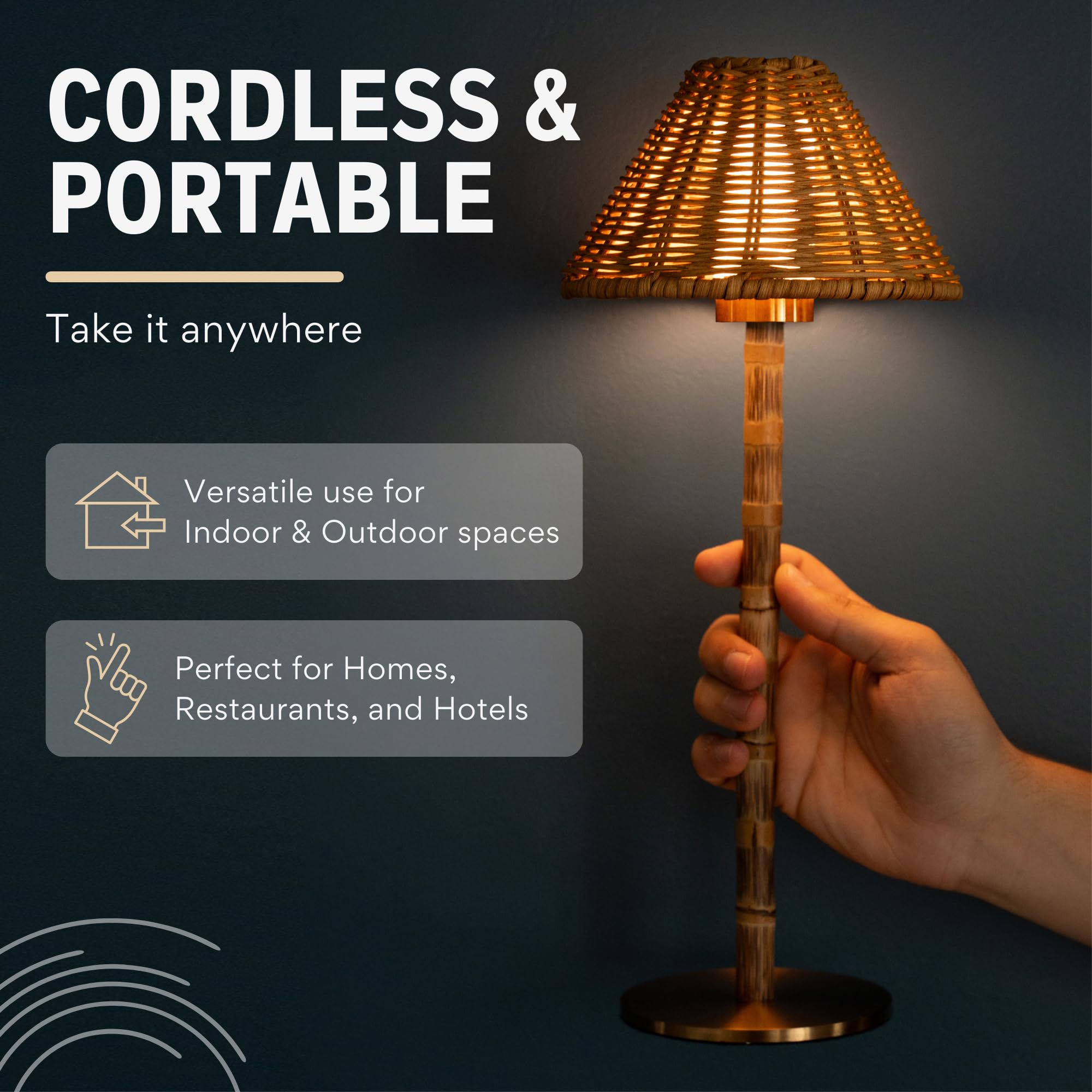 LUXELYKOS Bamboo Cordless LED Table Lamp - 15 Rechargeable, Dimmable Warm Light, Natural Rattan - Indoor/Outdoor Use with Remote
