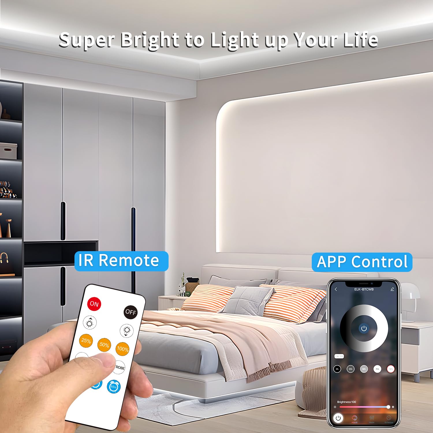 Yeewhale COB LED Strip Lights 6000K Dimmable 16.4ft White Flexible Tape Light with Remote & App Control for Home Decoration