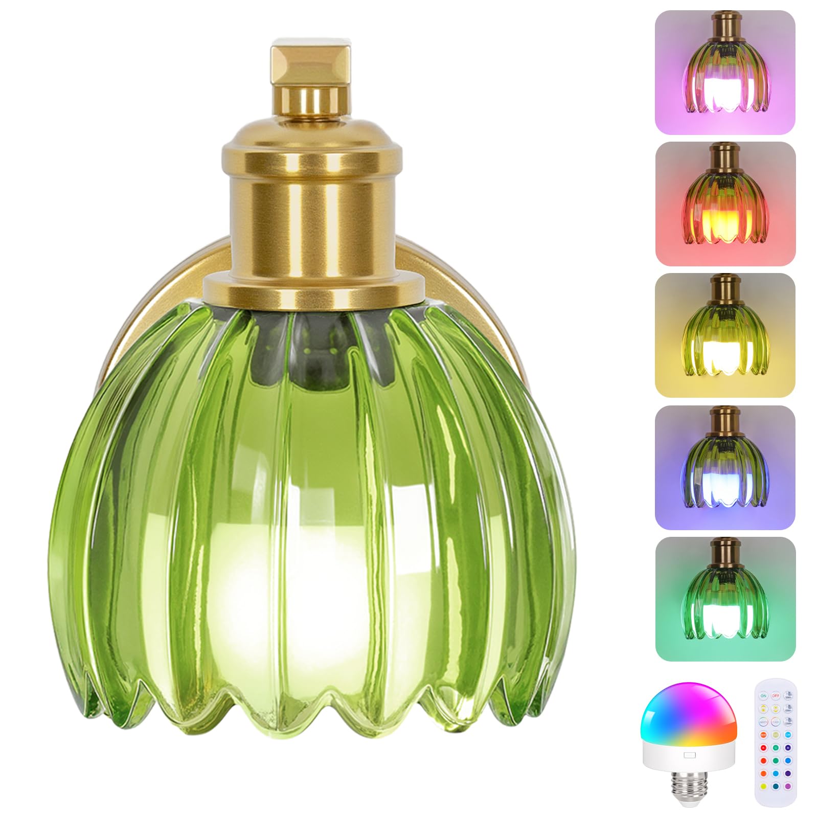 VerRon Rechargeable Wall Sconce, Green Glass Lampshade, Wireless with Remote Control, 1-Pack, Gold, Model B05092P