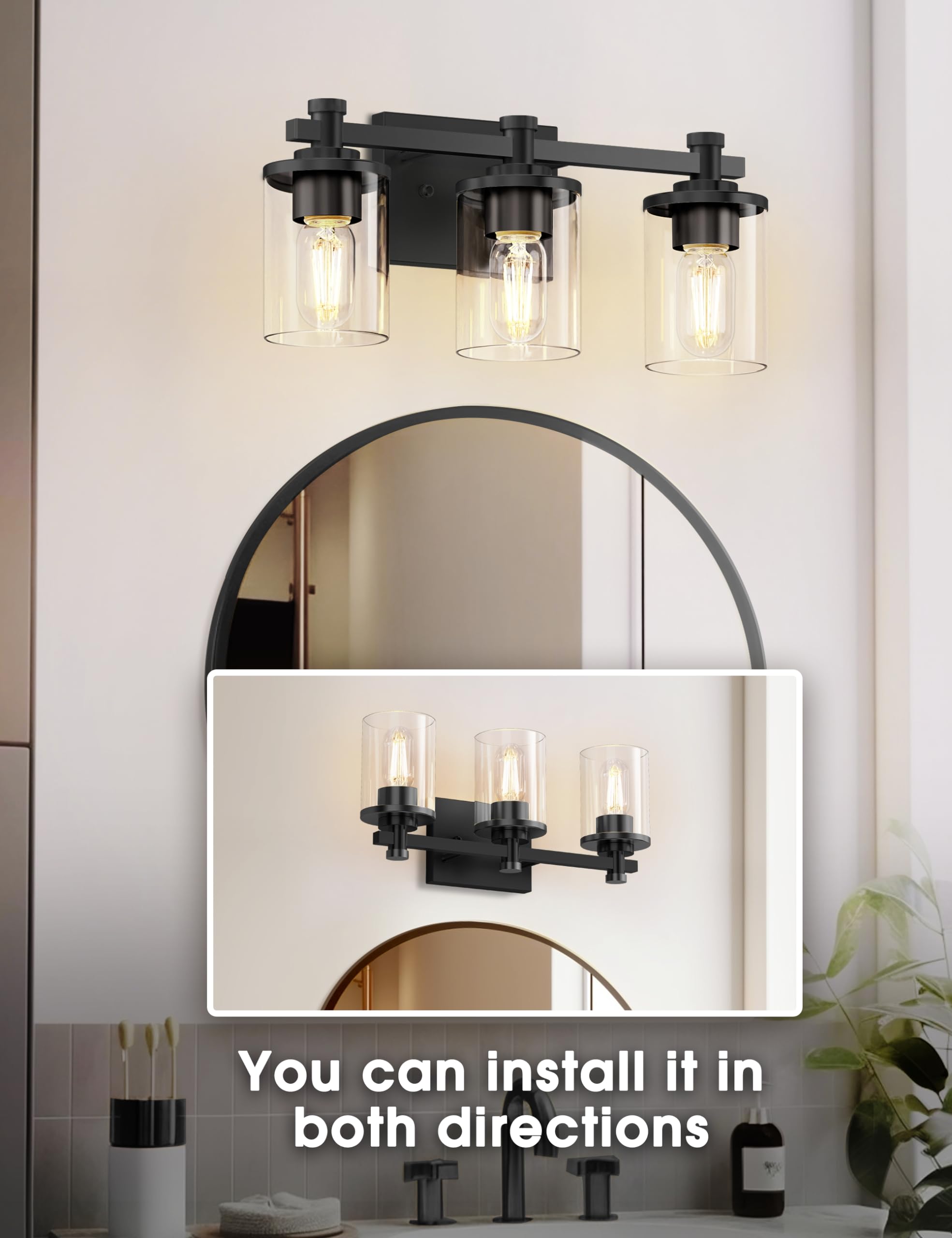 L LOHAS LED Bathroom Vanity Light Fixture, 3-Lights, Black, Glass Shade, Model A-JQD06T3BLE26, Modern Design for Mirror or Hallway
