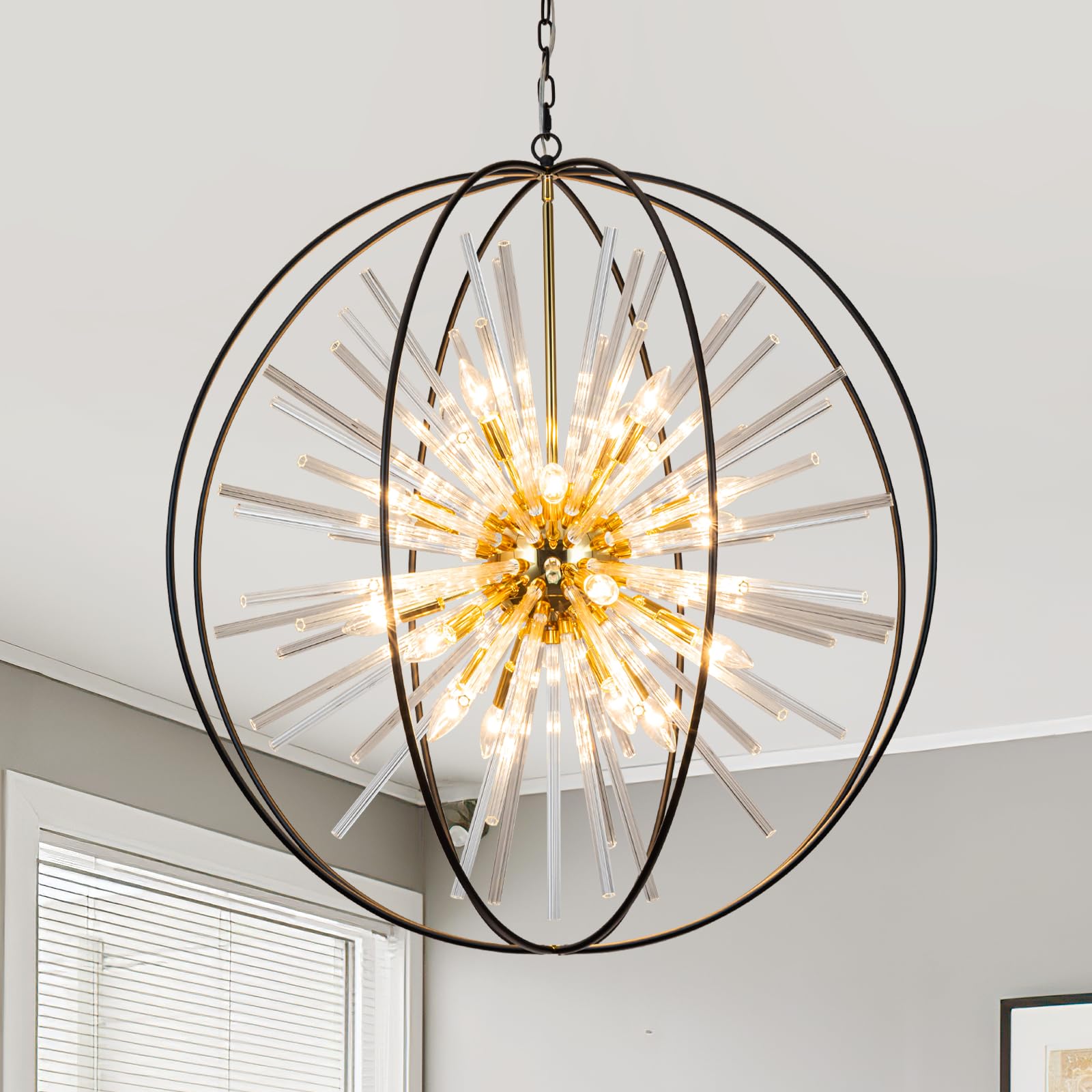 Vezzio 35'' Large Black and Gold Crystal Chandeliers 20-Light Modern Farmhouse High Ceiling Chandeliers for Foyer Entryway Stair